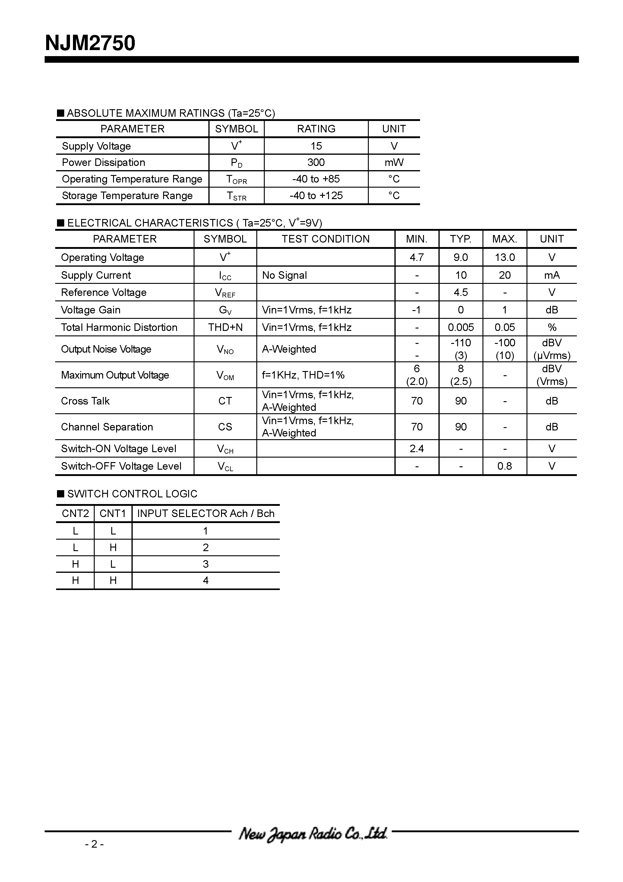 Datasheet NJM2750 - 4 INPUT / 1 OUTPUT STEREO AUDIO SELECTOR page 2