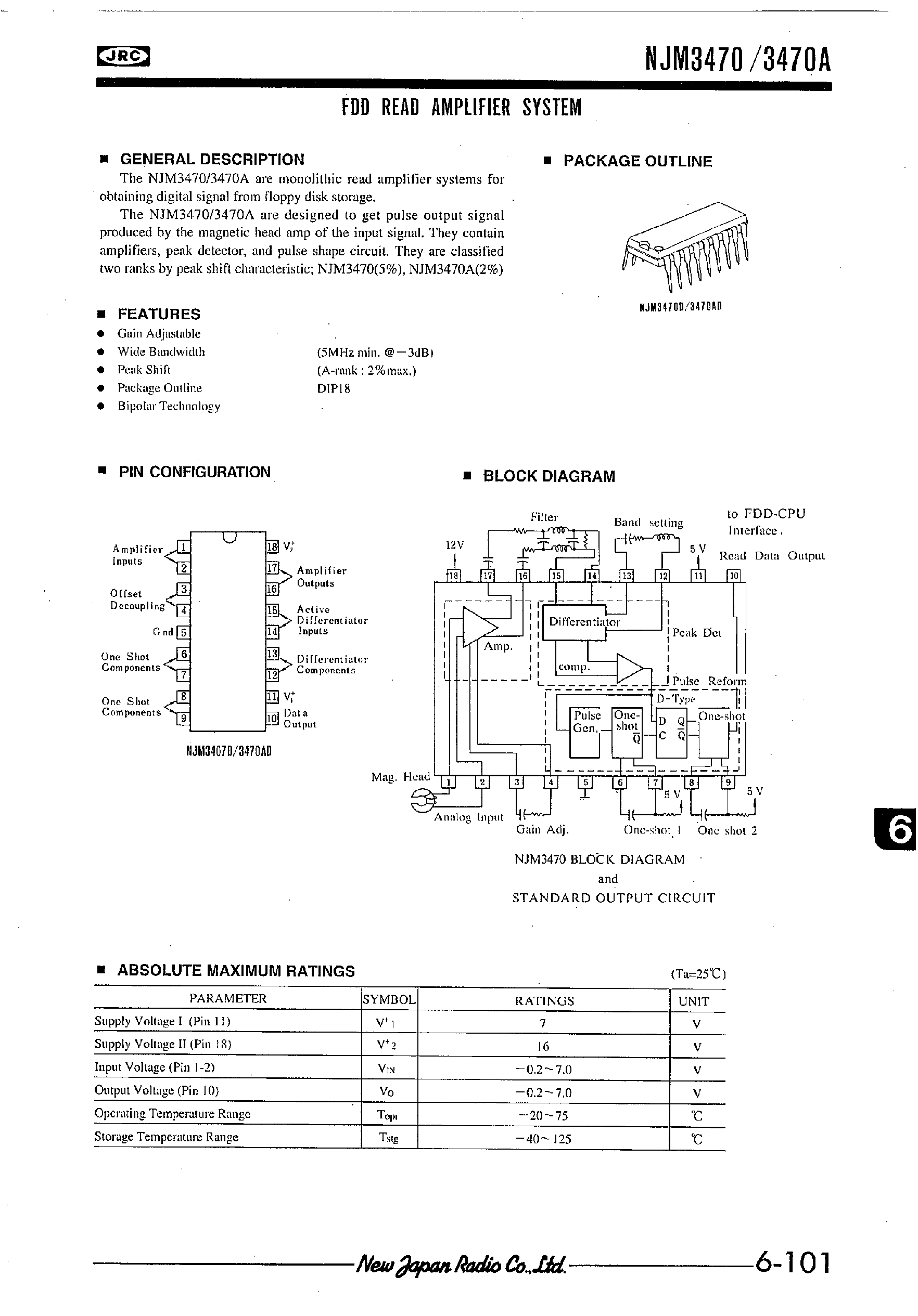 Даташит на микросхему NJM3470 страница 1 Даташит NJM3470 - FDD READ AMPLIFIER SYSTEM страница 1