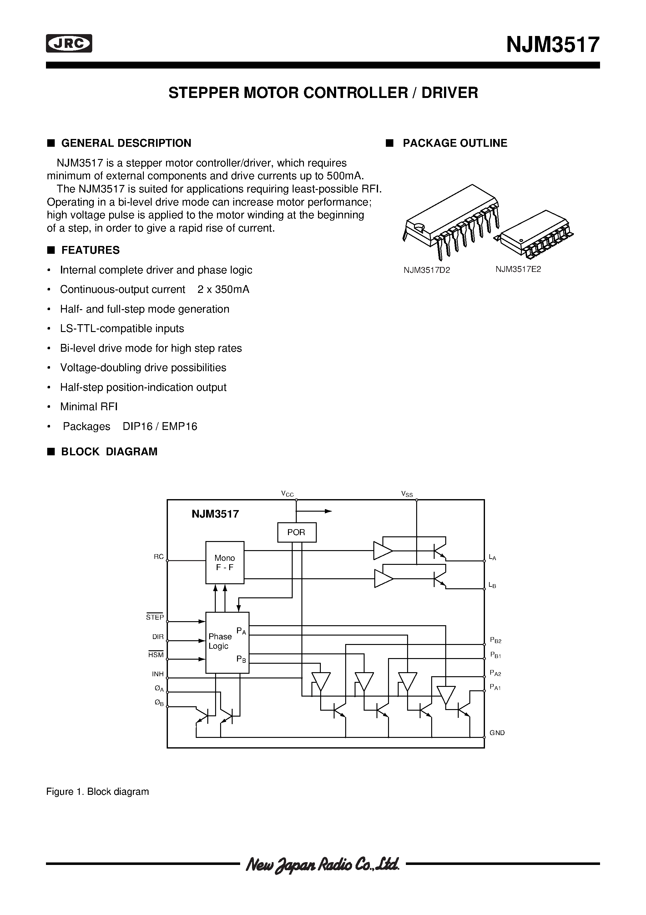 Даташит NJM3517 - STEPPER MOTOR CONTROLLER / DRIVER страница 1