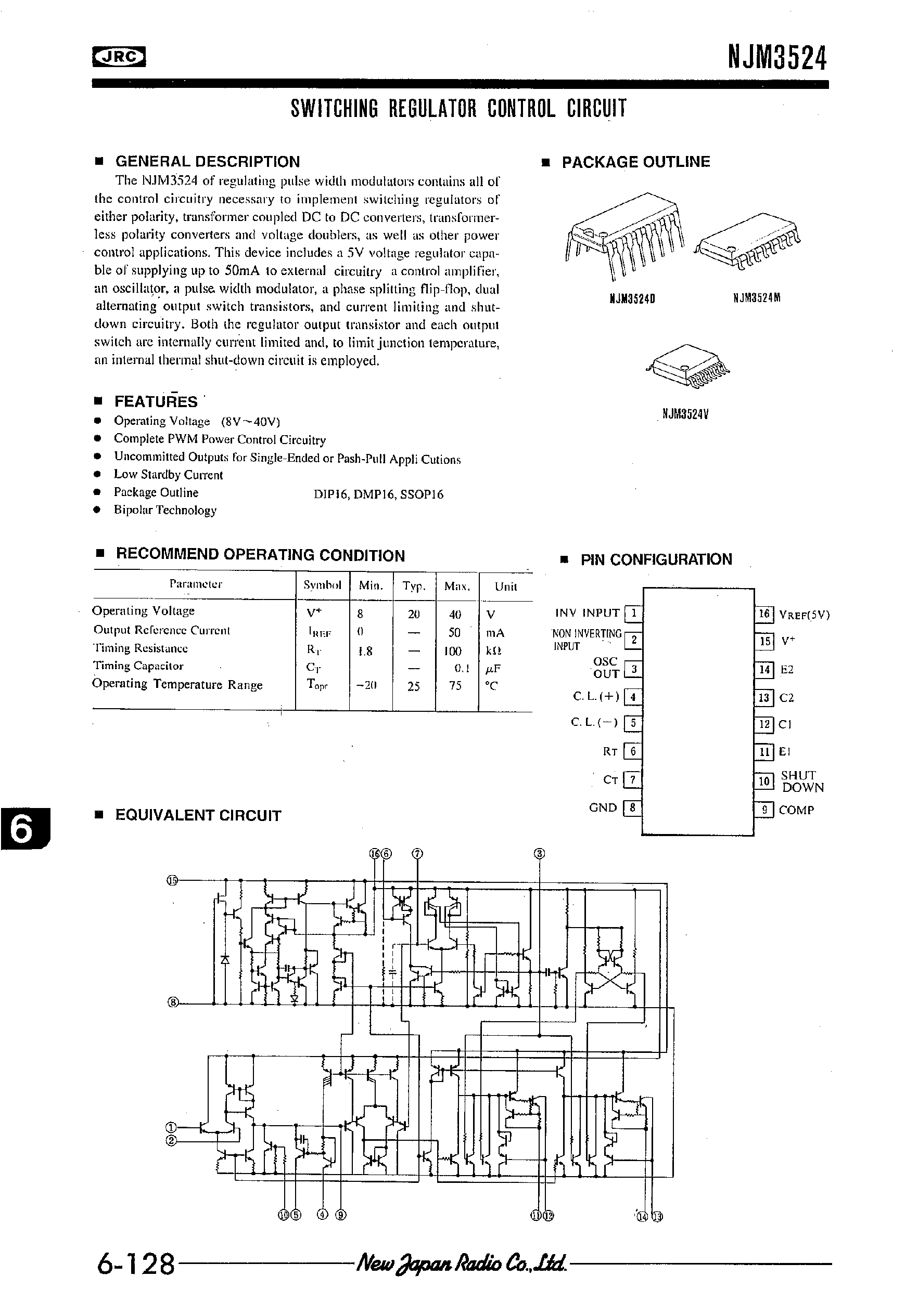 Datasheet NJM3524 page 1 Datasheet NJM3524 - SWITCHING REGULATOR CONTROL CIRCUIT page 1