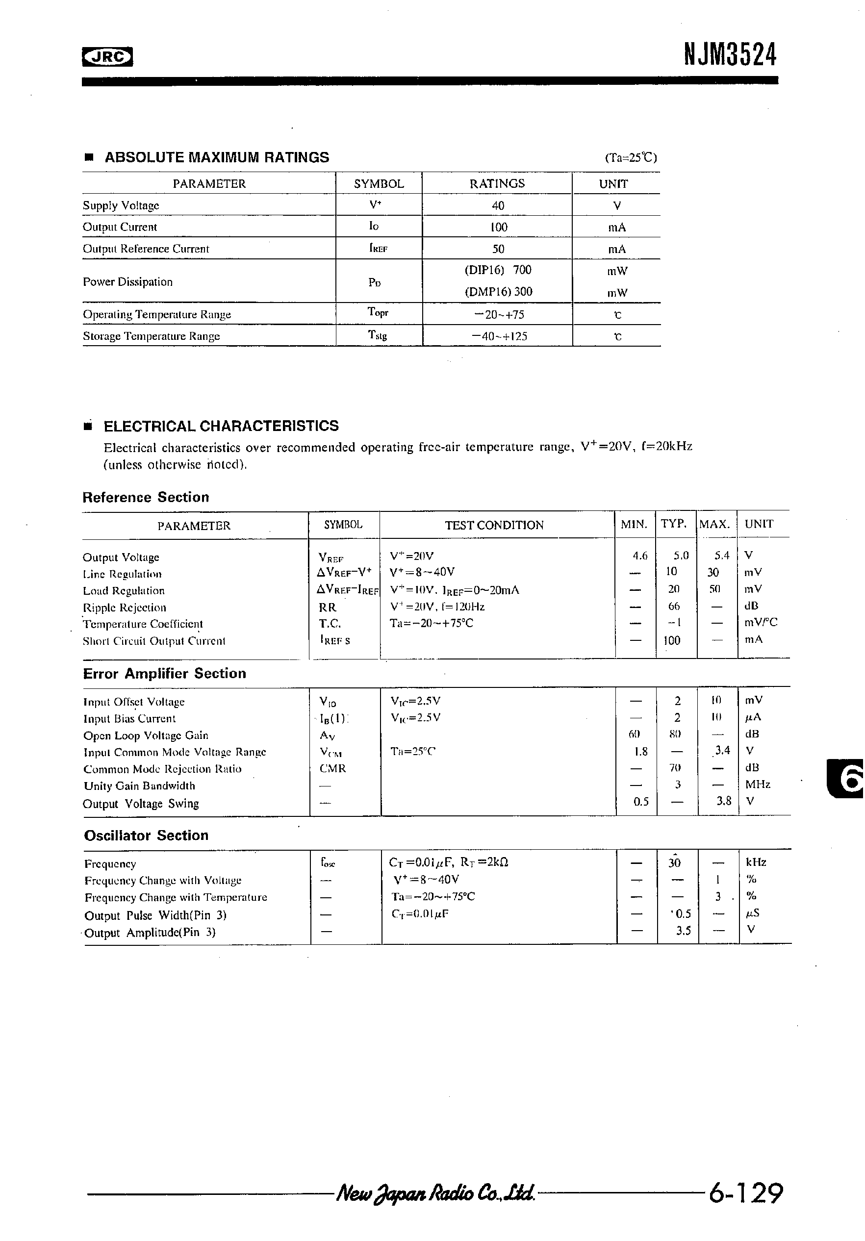 Datasheet NJM3524 page 2 Datasheet NJM3524 - SWITCHING REGULATOR CONTROL CIRCUIT page 2