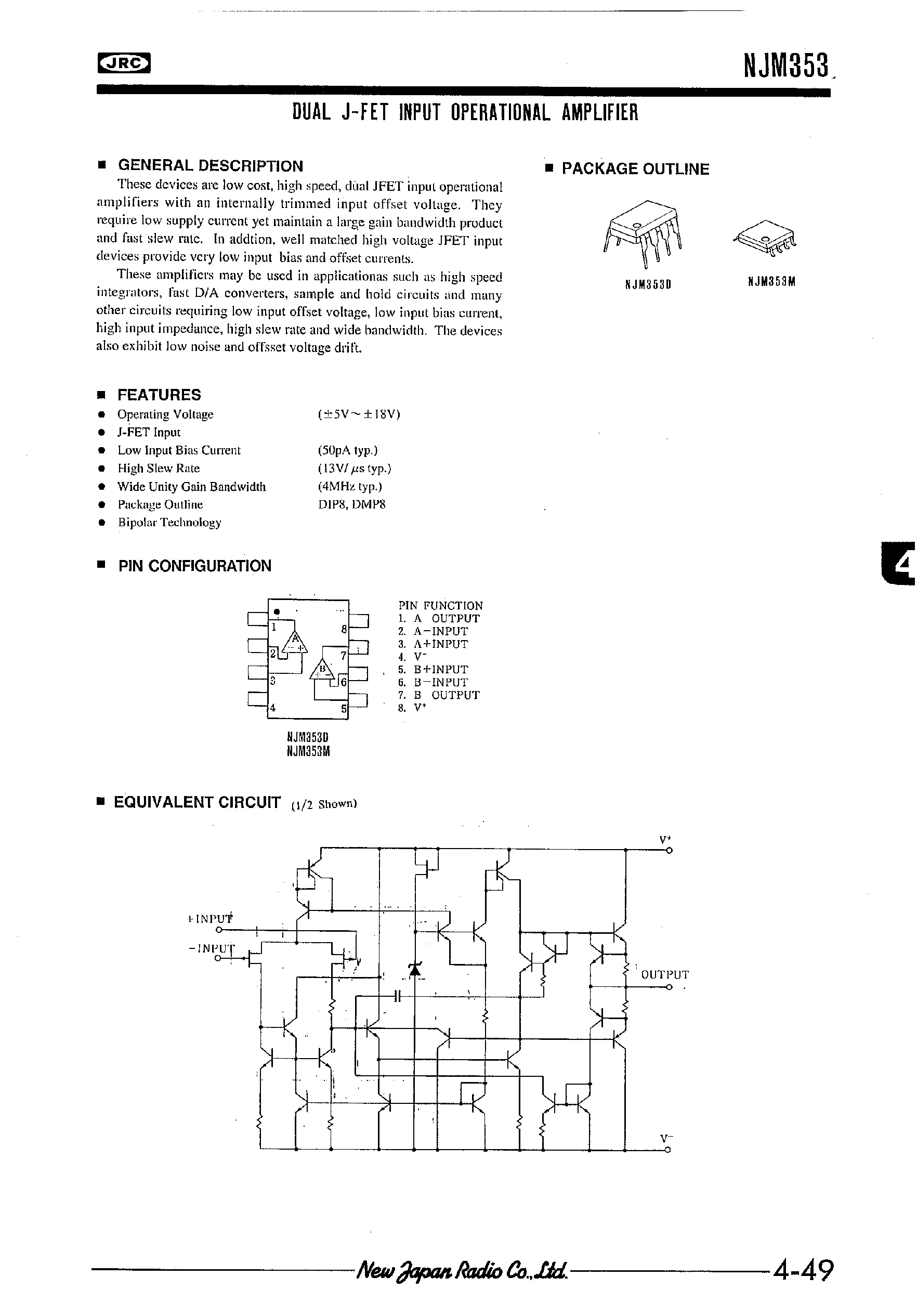 Datasheet NJM353D page 1 Datasheet NJM353D - DUAL J-FET INPUT OPERATIONAL AMPLIFIER page 1
