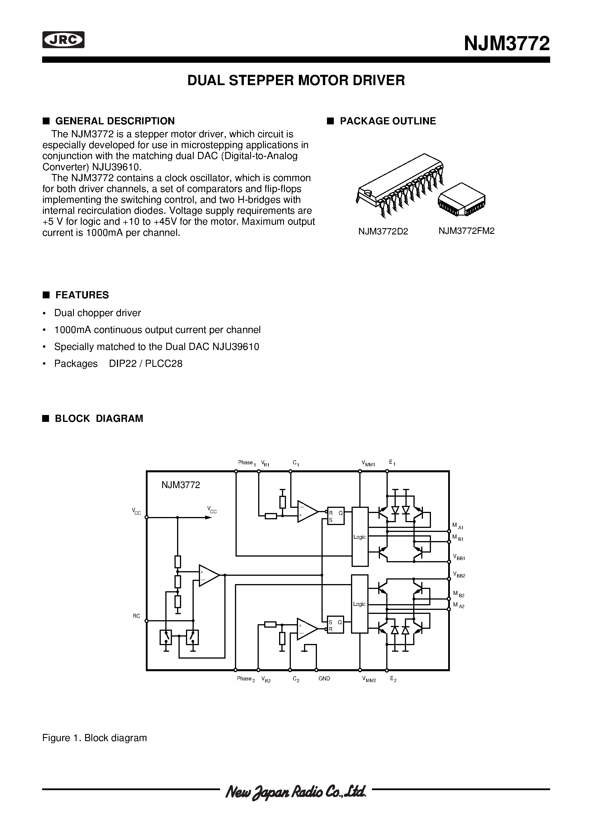 Даташит на микросхему NJM3772 страница 1 Даташит NJM3772 - DUAL STEPPER MOTOR DRIVER страница 1
