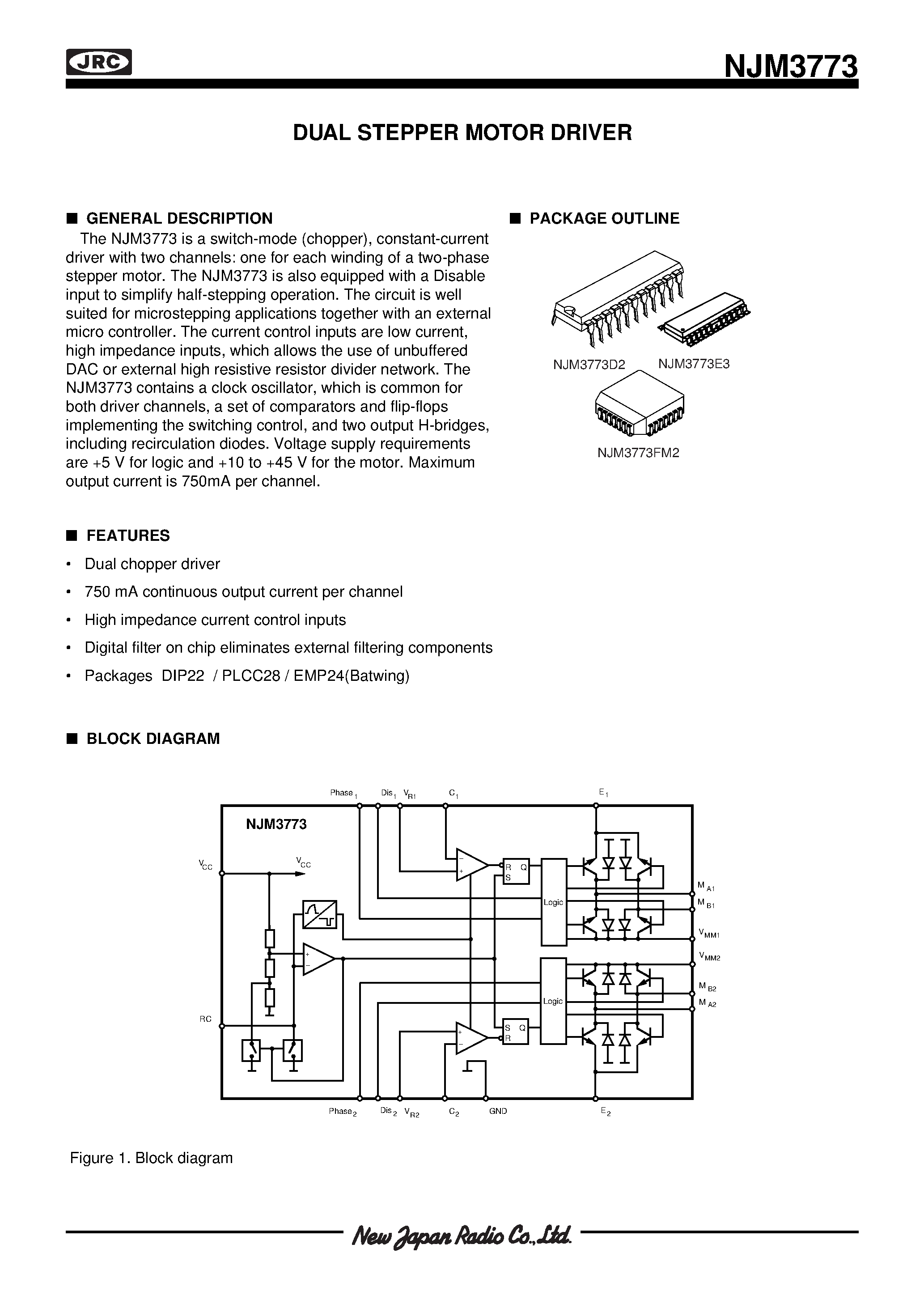 Даташит NJM3773 - DUAL STEPPER MOTOR DRIVER страница 1