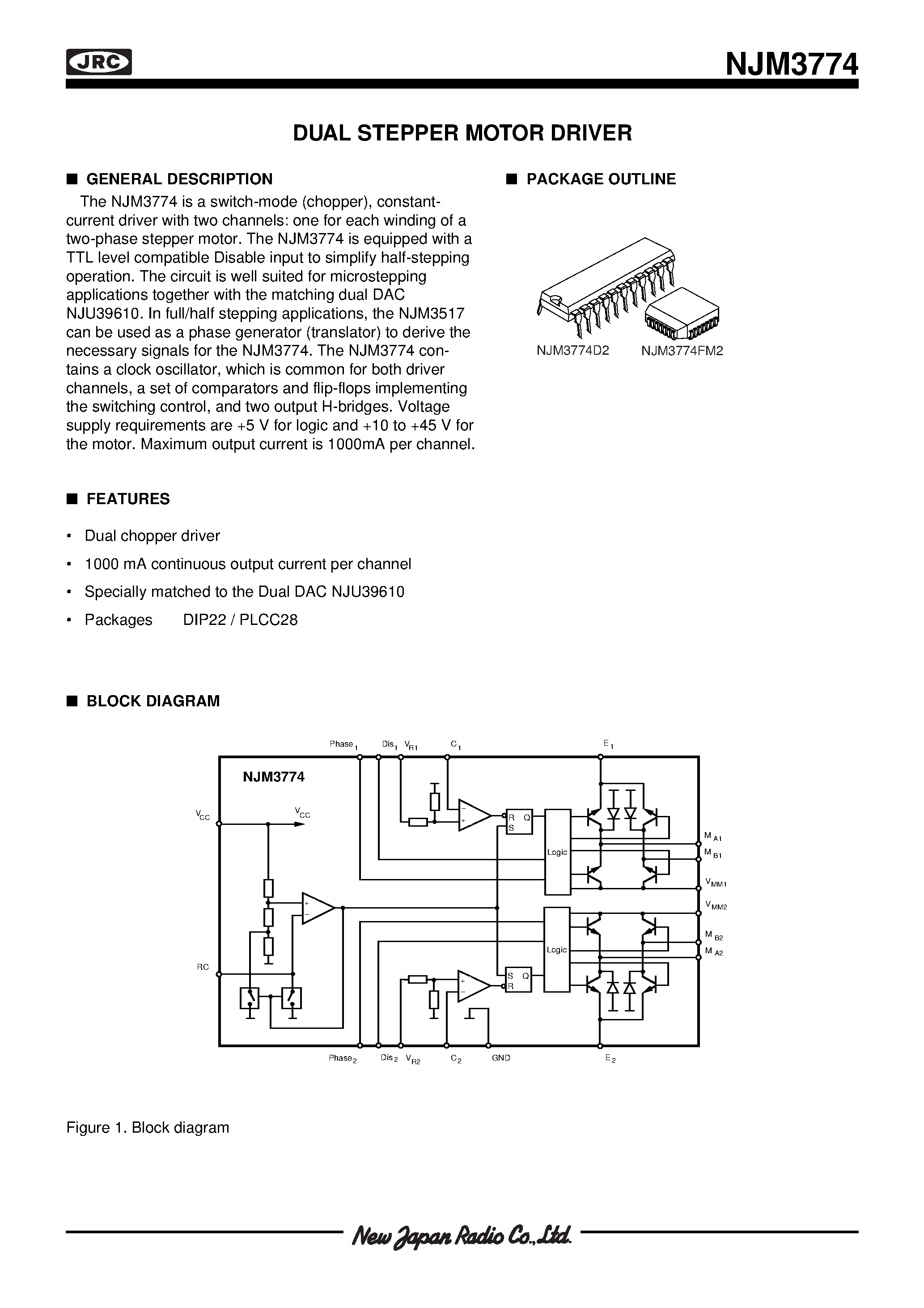 Даташит NJM3774 - DUAL STEPPER MOTOR DRIVER страница 1