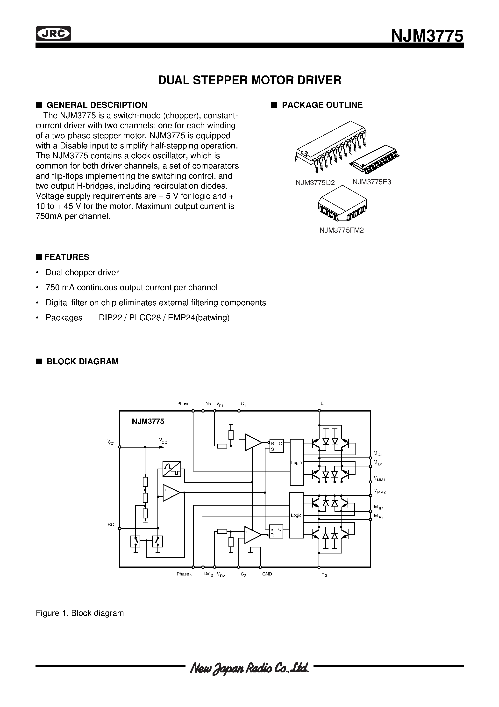Даташит NJM3775 - DUAL STEPPER MOTOR DRIVER страница 1