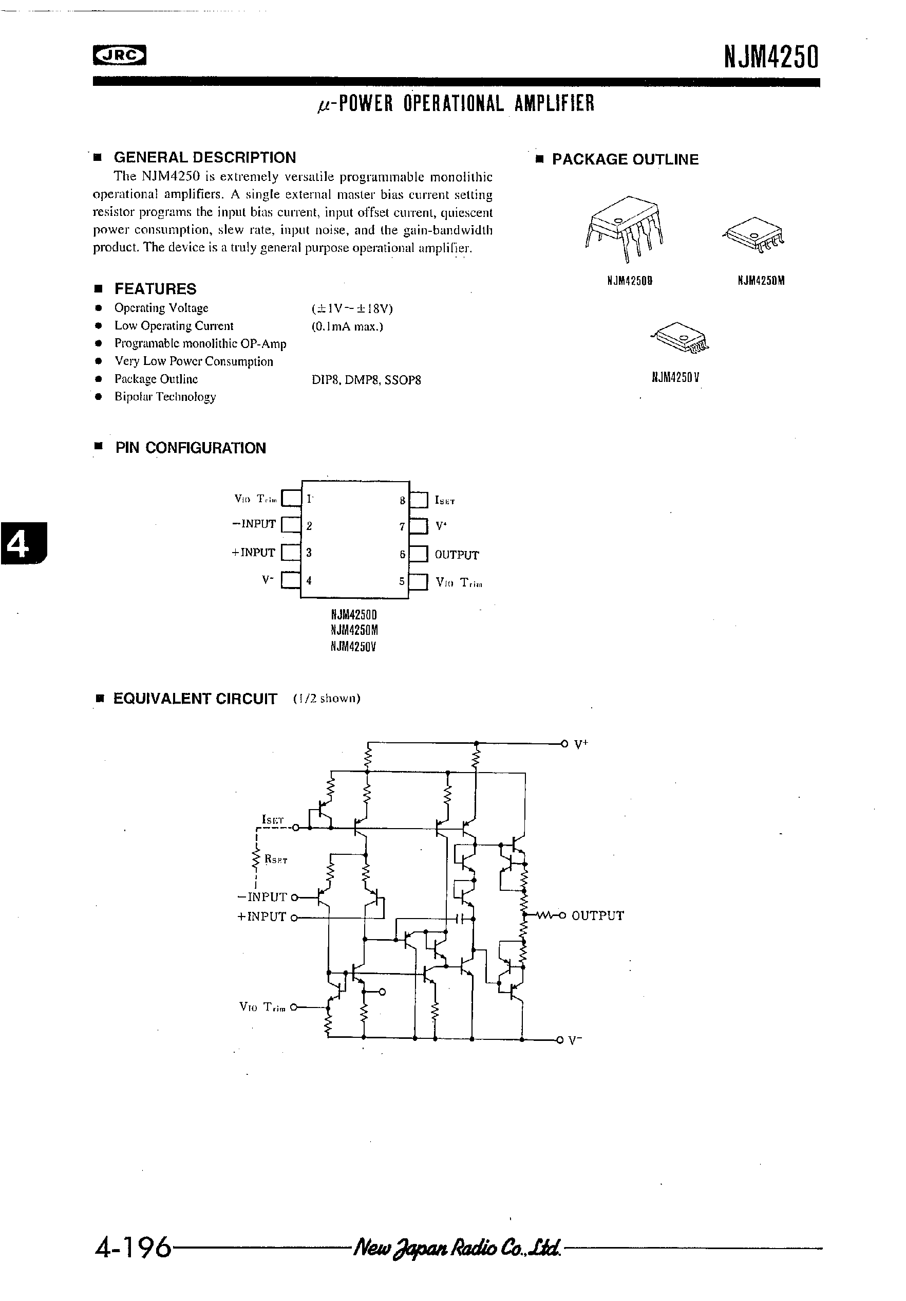 Даташит NJM4250 - M-POWER OPERATIONAL AMPLIFIER страница 1