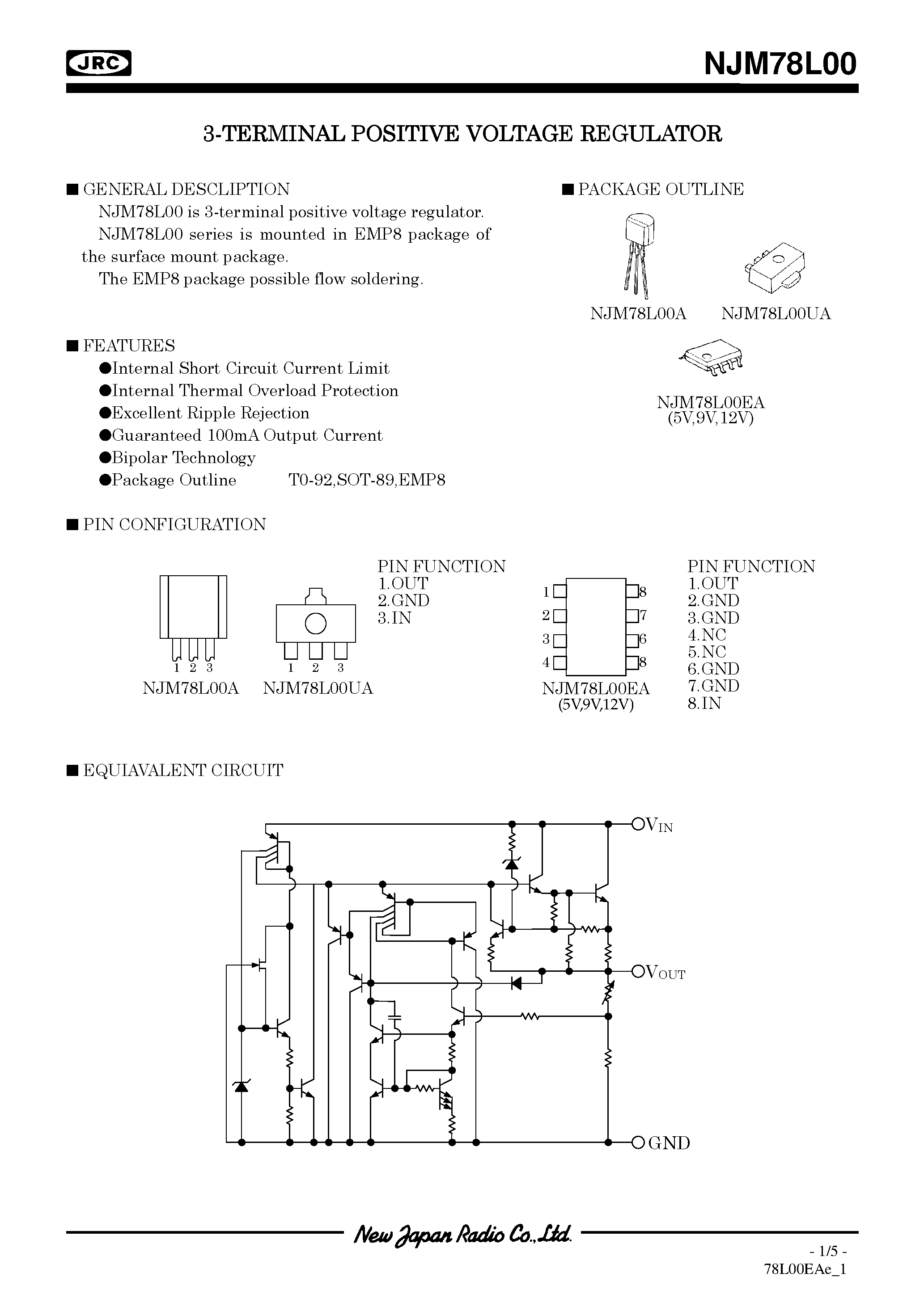 Datasheet NJM78L00 page 1 Datasheet NJM78L00 - 3-TERMINAL POSITIVE VOLTAGE REGULATOR page 1