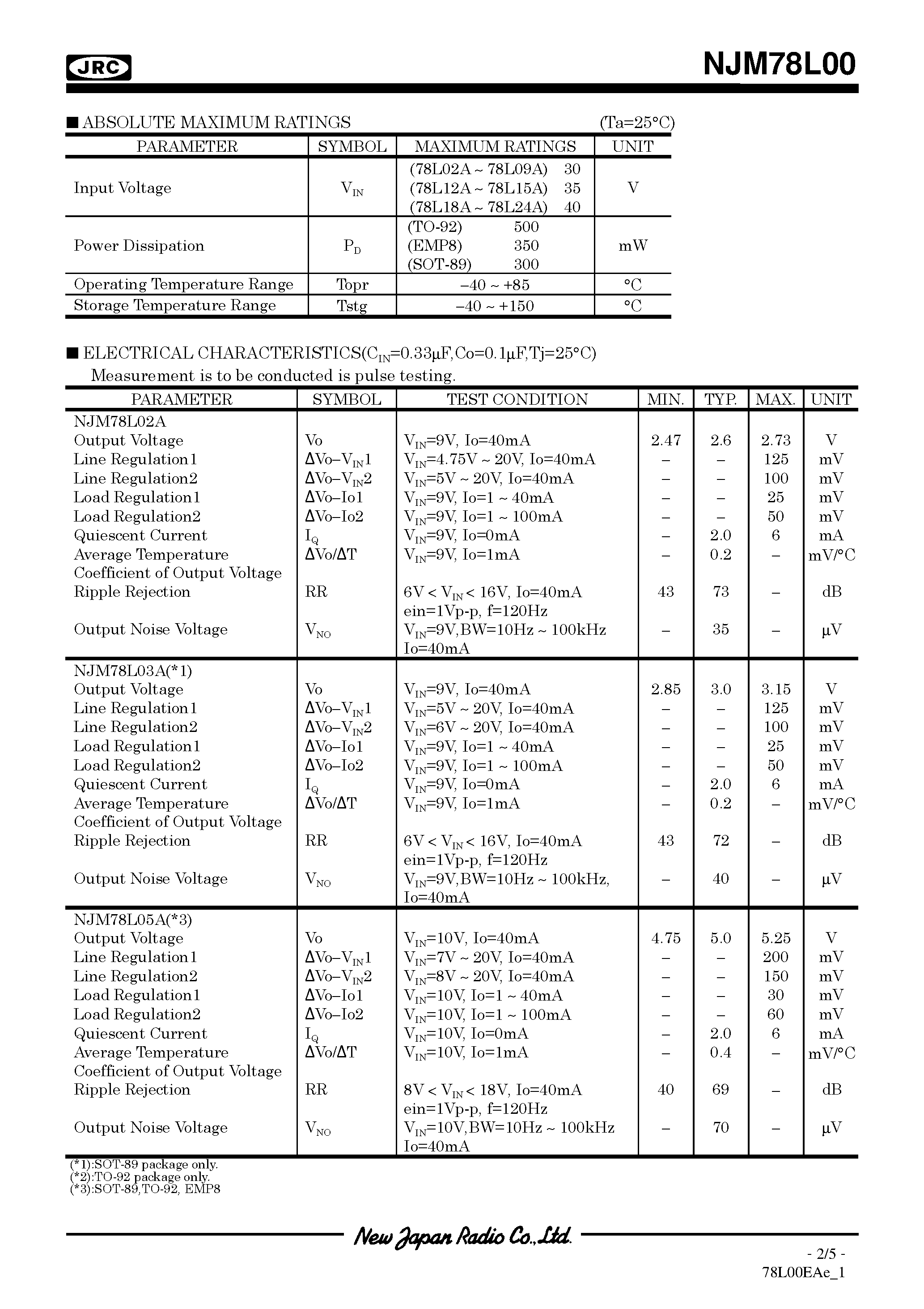 Datasheet NJM78L00 page 2 Datasheet NJM78L00 - 3-TERMINAL POSITIVE VOLTAGE REGULATOR page 2