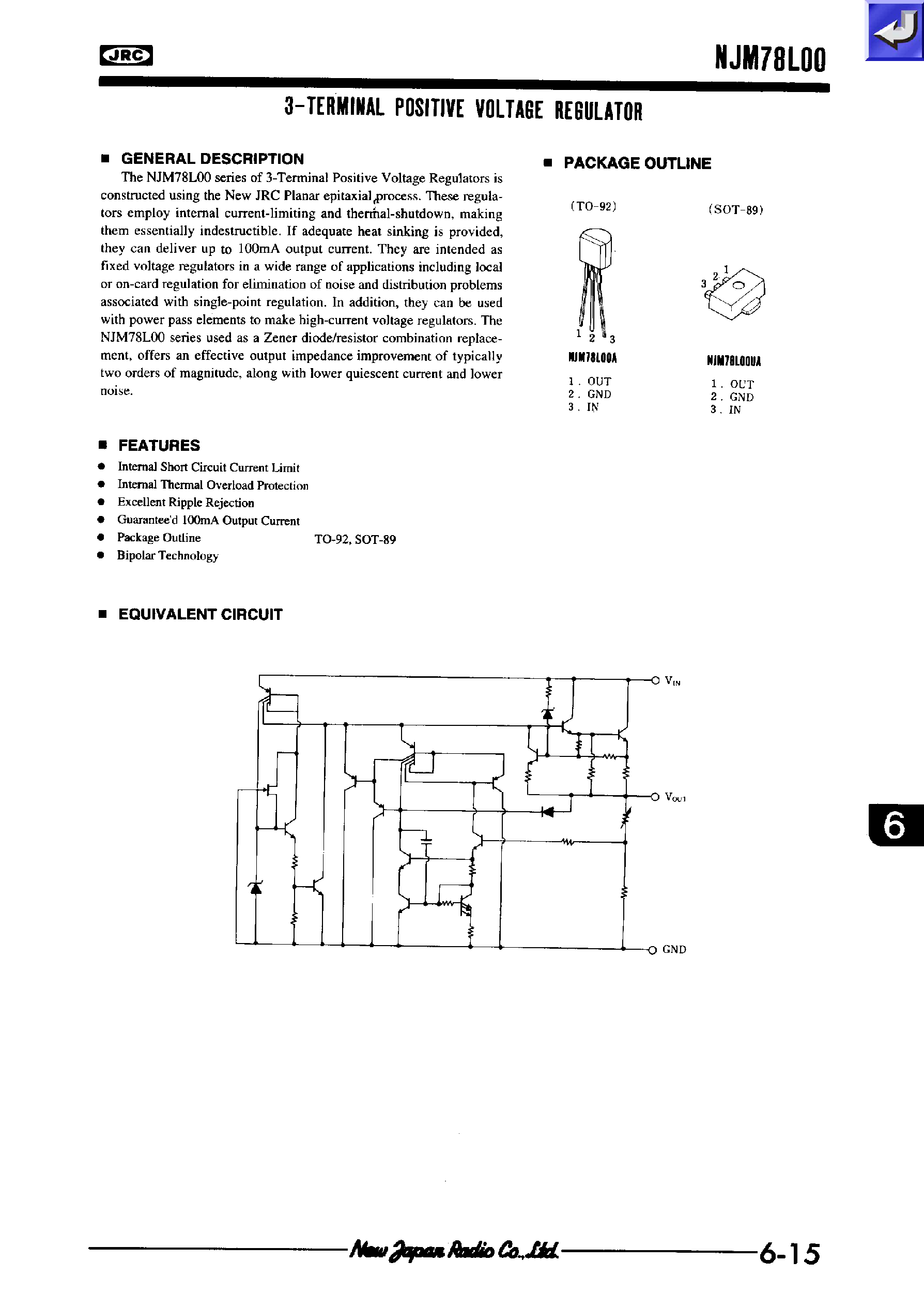 Datasheet NJM78L15UA - 3 - TERMINAL POSTIVE VOLTAGE REGULATOR page 1