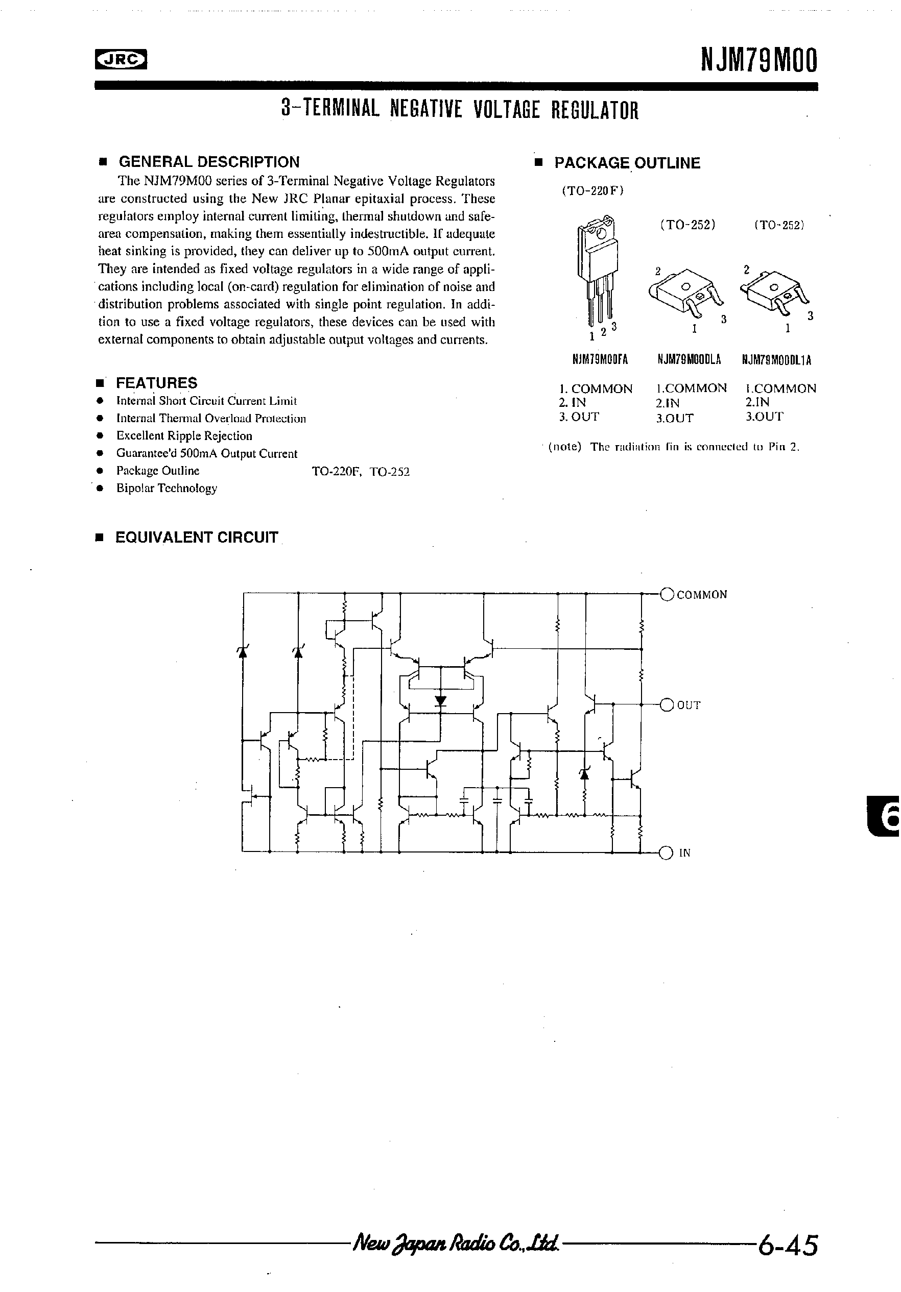 Datasheet NJM79M00 page 1 Datasheet NJM79M00 - 3-TERMINAL NEGAYIVE VOLTAGE REGULATOR page 1