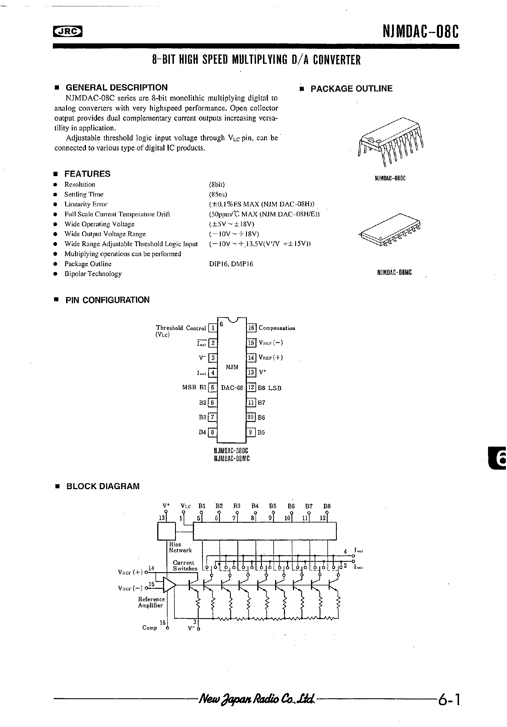Даташит NJMDAC-08MC - 8-BIT HIGH SPEED MULTIPLYING D/A CONVERTER страница 1
