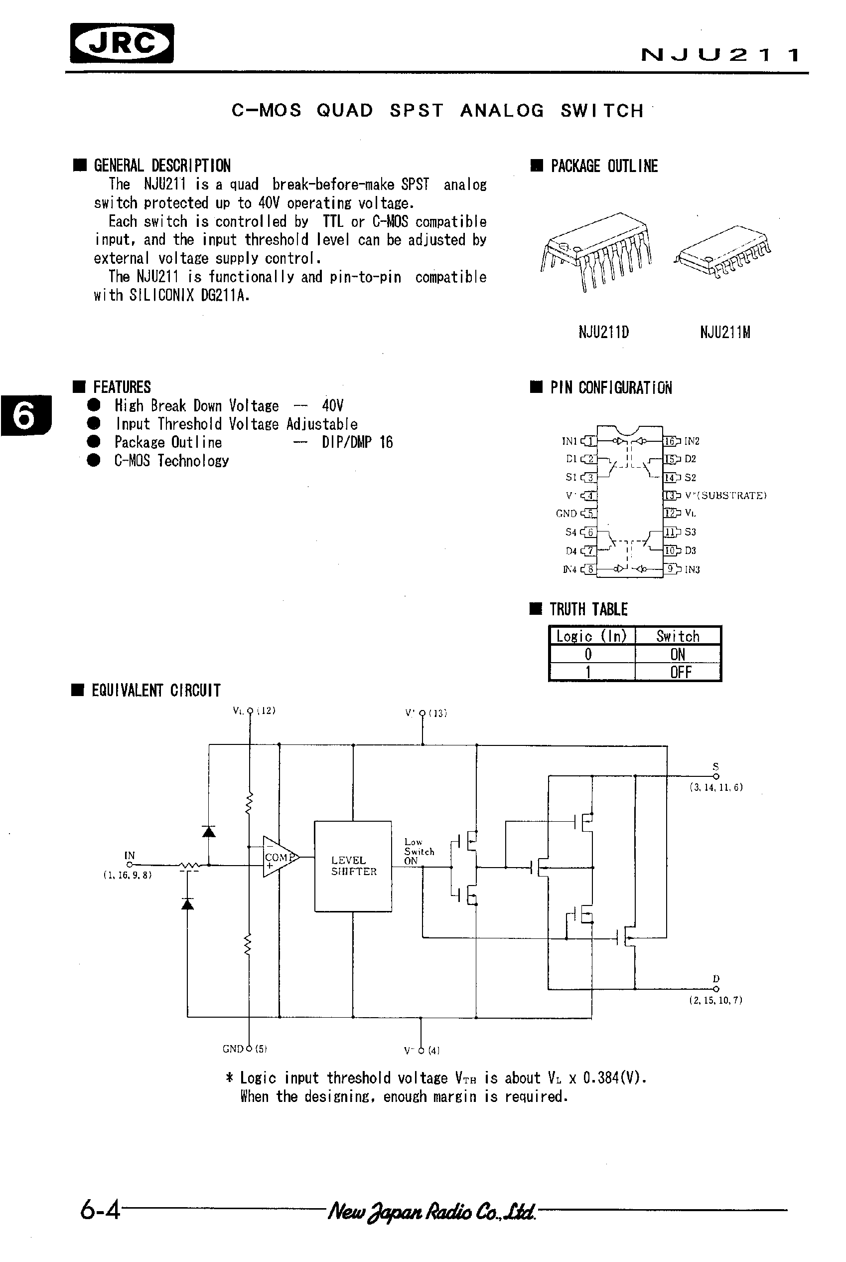 Datasheet NJU211 page 1 Datasheet NJU211 - C-MOS QUAD SPST ANALOG SWITCH page 1