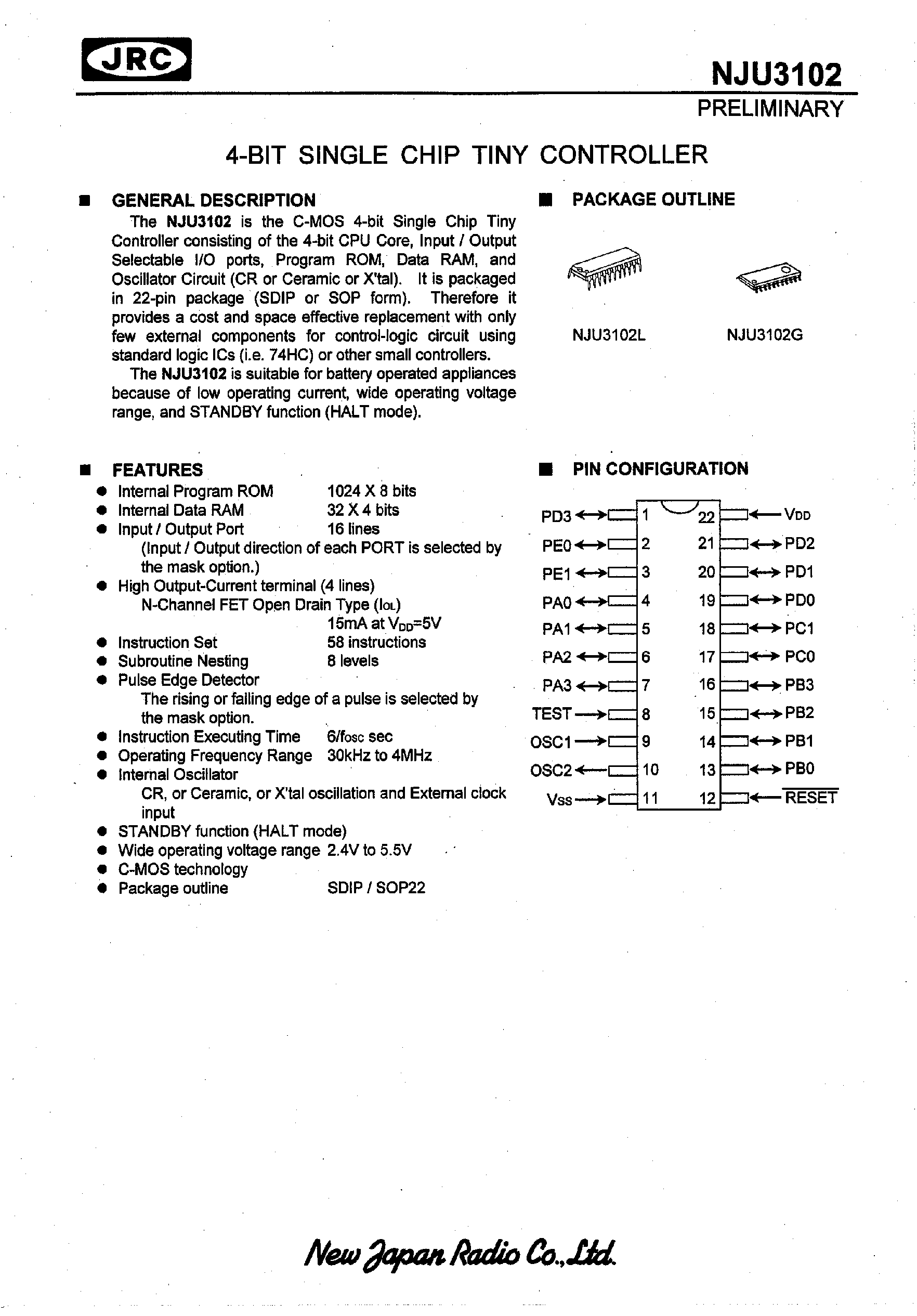 Datasheet NJU3102 - 4-BIT SINGLE CHIP TINY CONTROLLER page 1