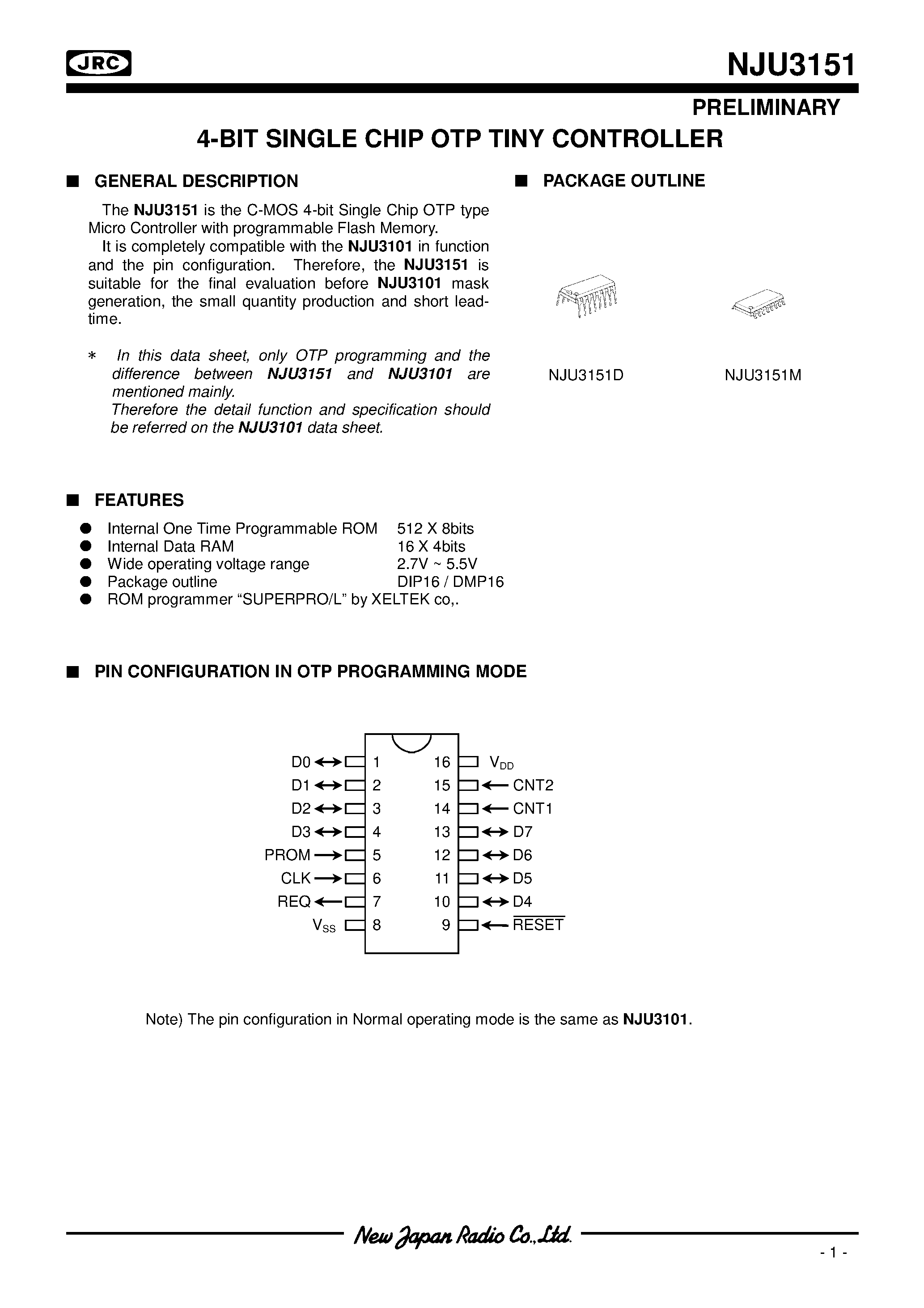 Datasheet NJU3151 - 4-BIT SINGLE CHIP OTP TINY CONTROLLER page 1
