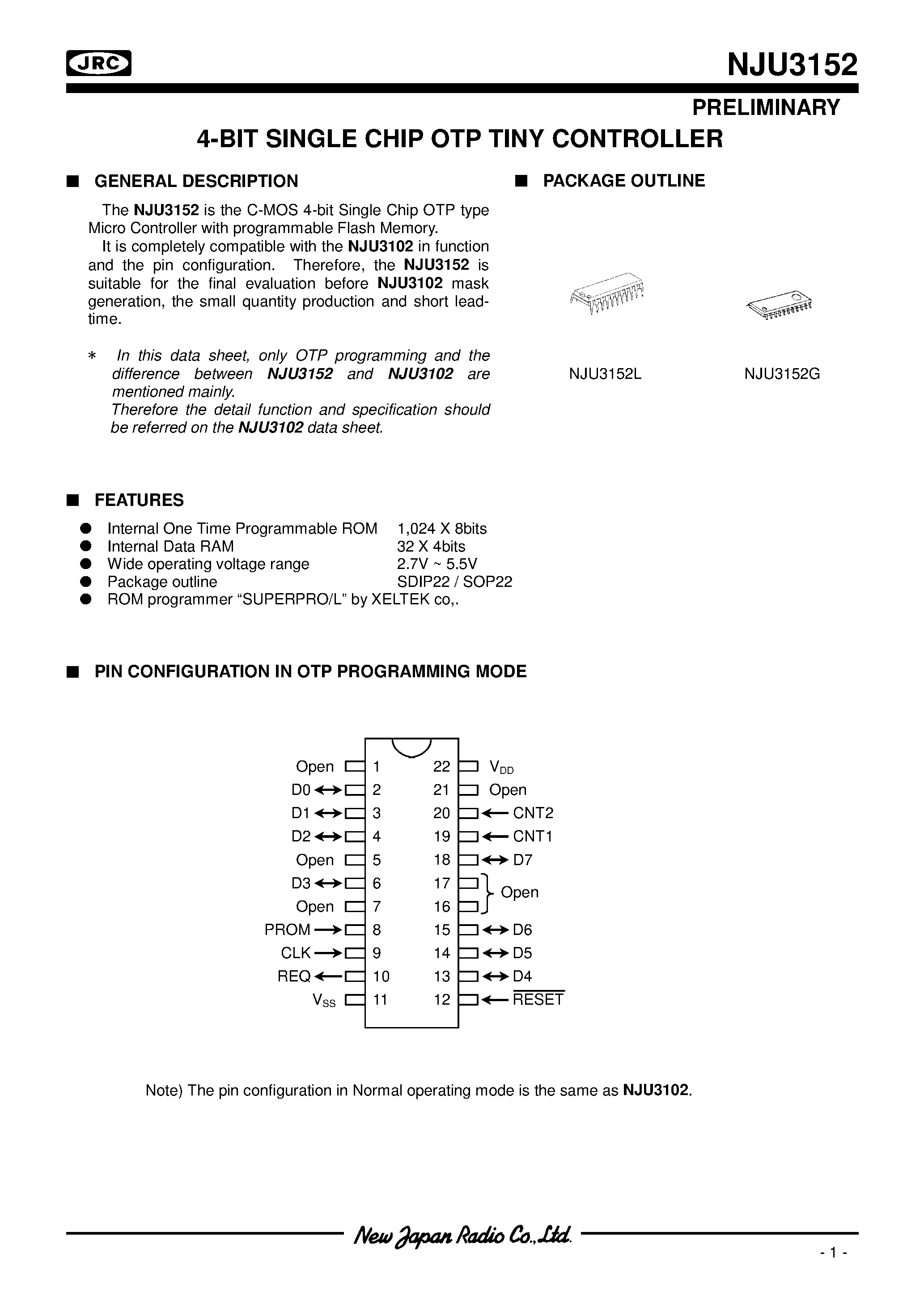 Datasheet NJU3152 - 4-BIT SINGLE CHIP OTP TINY CONTROLLER page 1