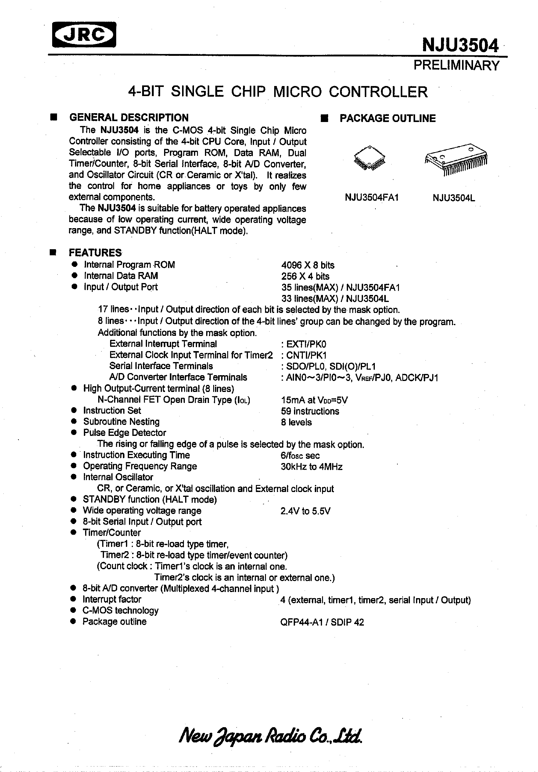 Datasheet NJU3504 - 4-BIT SINGLE CHIP MICRO CONTROLLER page 1