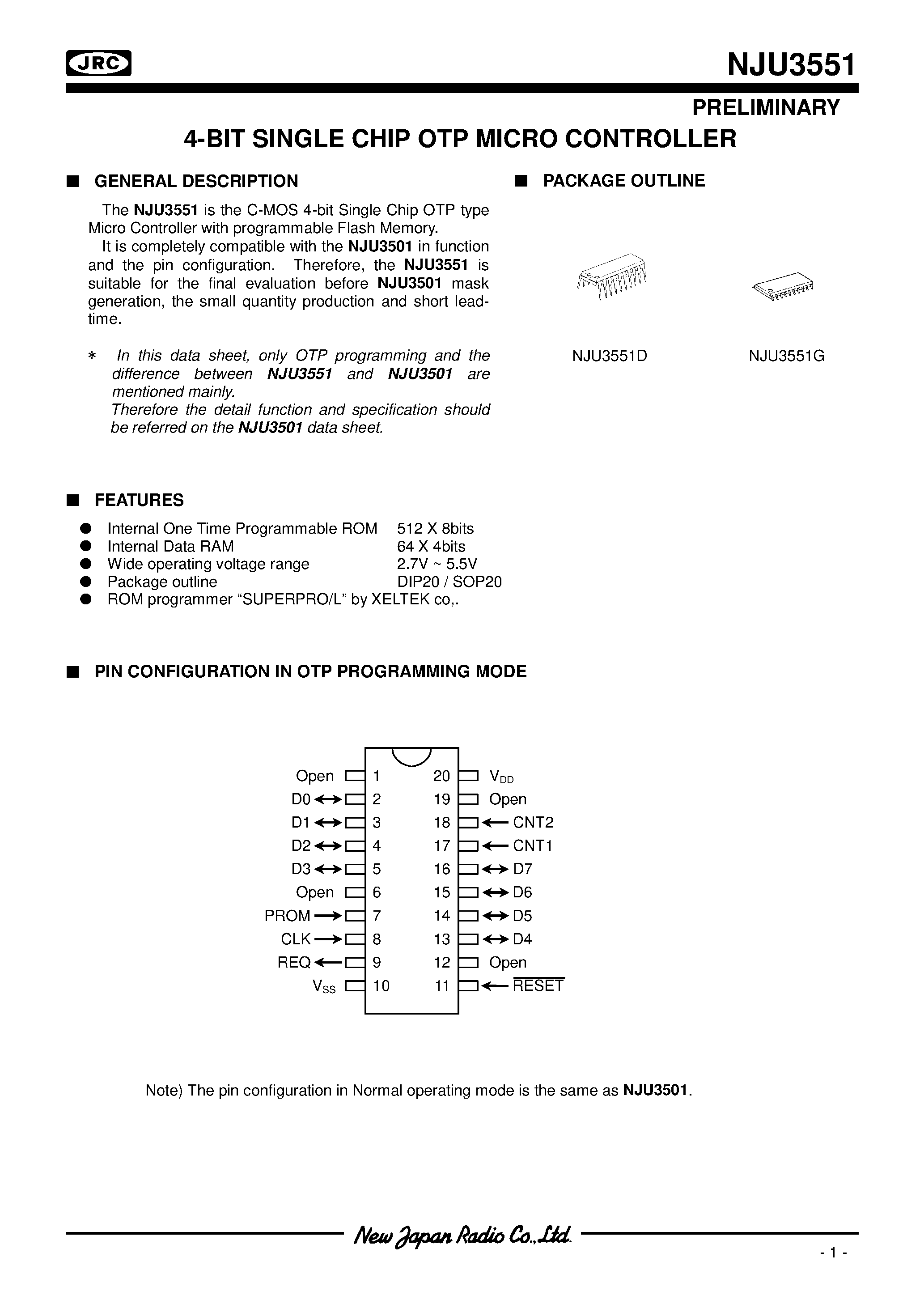 Datasheet NJU3551 - 4-BIT SINGLE CHIP OTP MICRO CONTROLLER page 1
