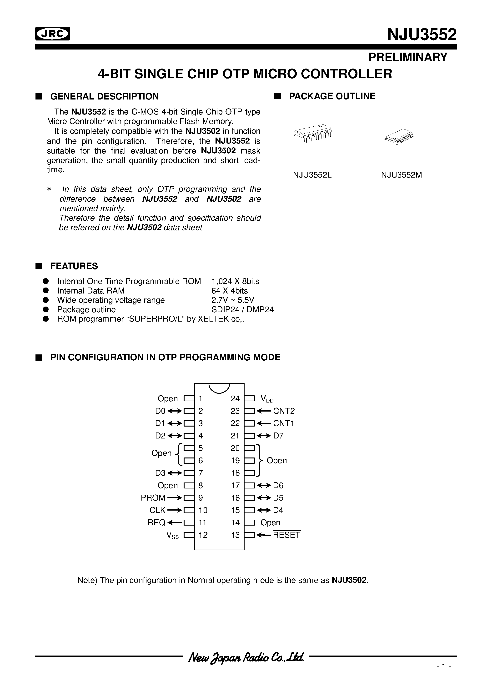 Datasheet NJU3552 - 4-BIT SINGLE CHIP OTP MICRO CONTROLLER page 1