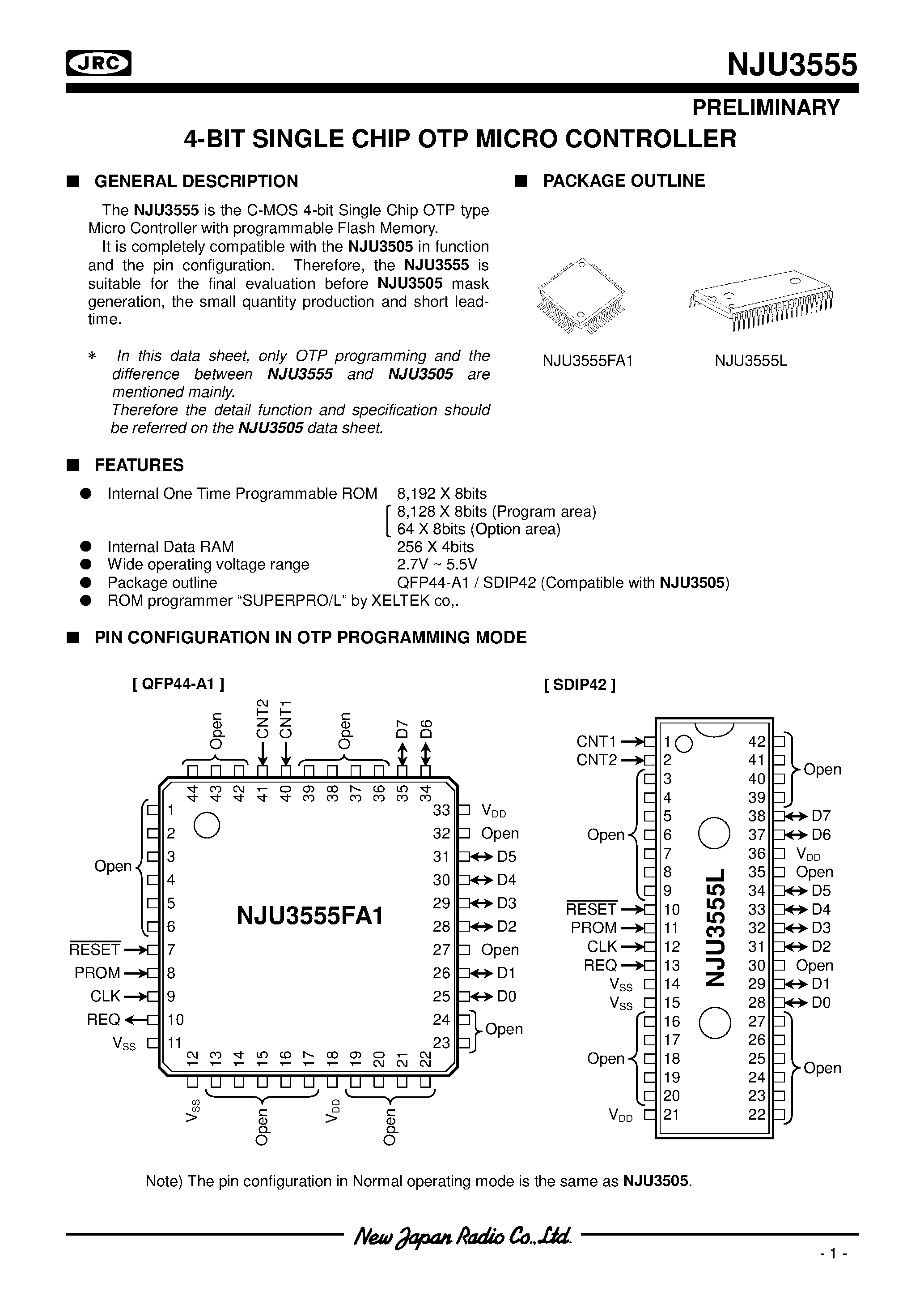 Datasheet NJU3555 - 4-BIT SINGLE CHIP OTP MICRO CONTROLLER page 1