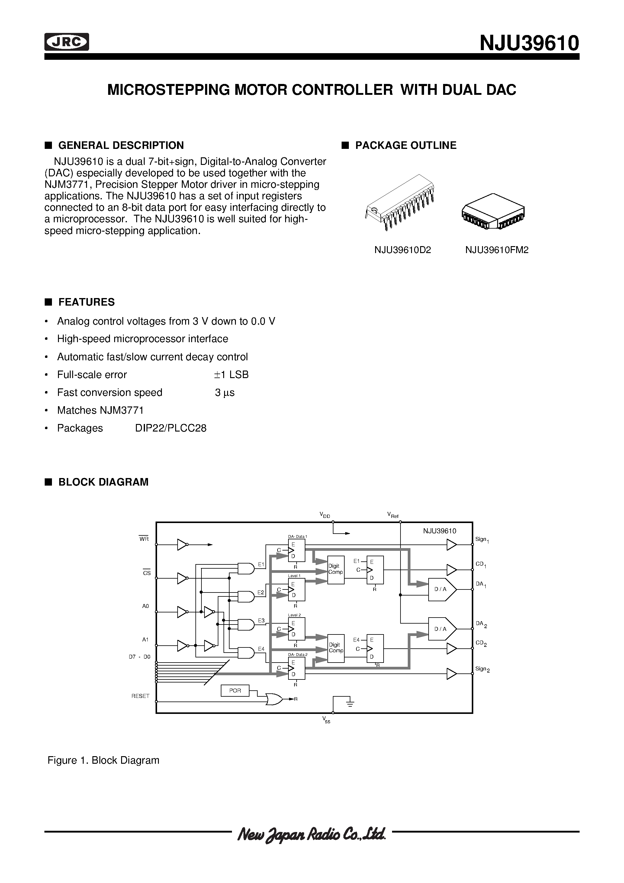 Datasheet NJU39610 - MICROSTEPPING MOTOR CONTROLLER WITH DUAL DAC page 1