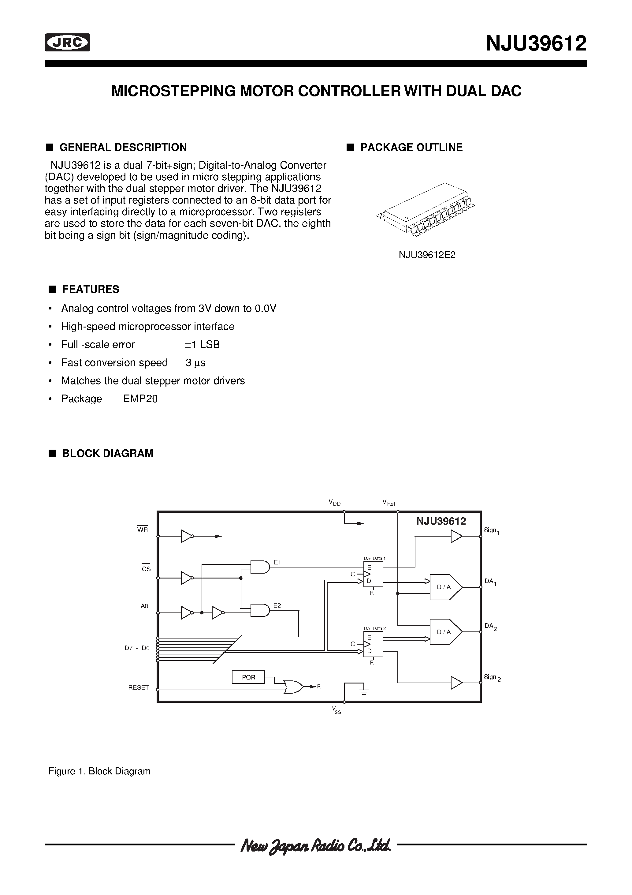Datasheet NJU39612 - MICROSTEPPING MOTOR CONTROLLER WITH DUAL DAC page 1