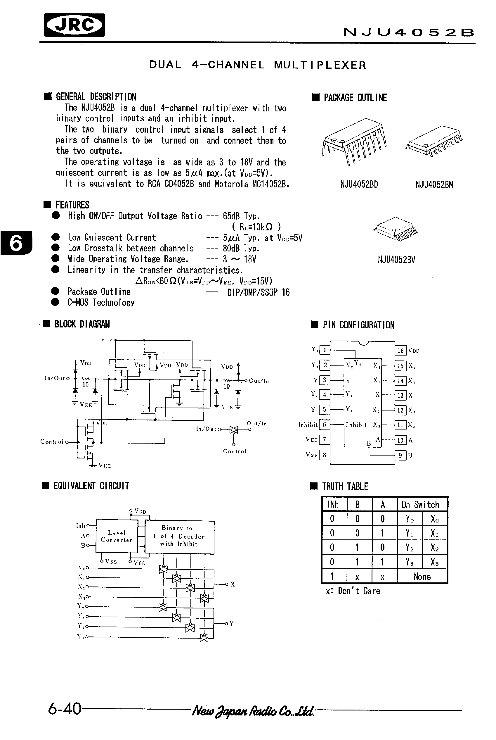 Даташит NJU4052B - DUAL 4-CHANNEL MULTIPLEXER страница 1