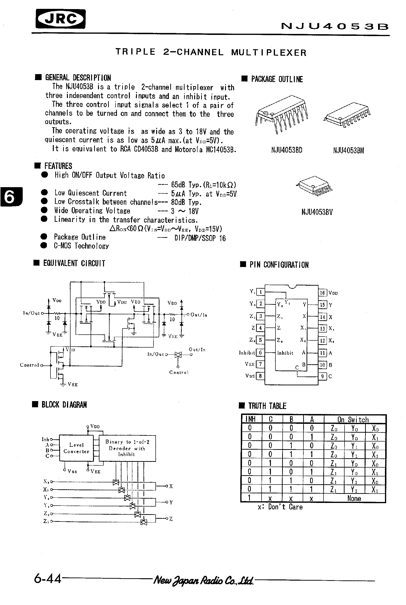 Datasheet NJU4053 - TRIPLE 2-CHANNEL MULTIPLEXER page 1
