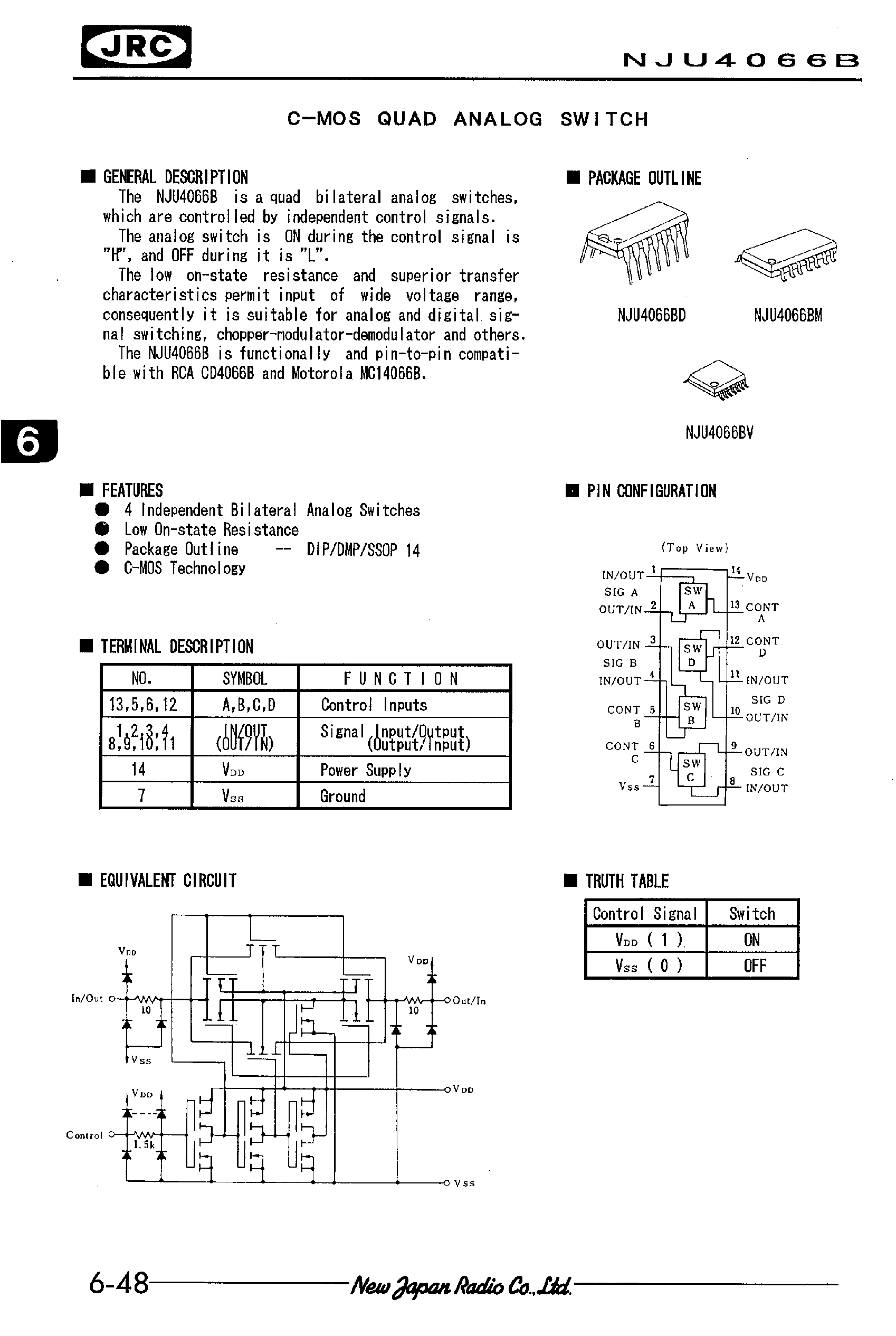 Datasheet NJU4066B page 1 Datasheet NJU4066B - C-MOS QUAD ANALOG SWITCH page 1