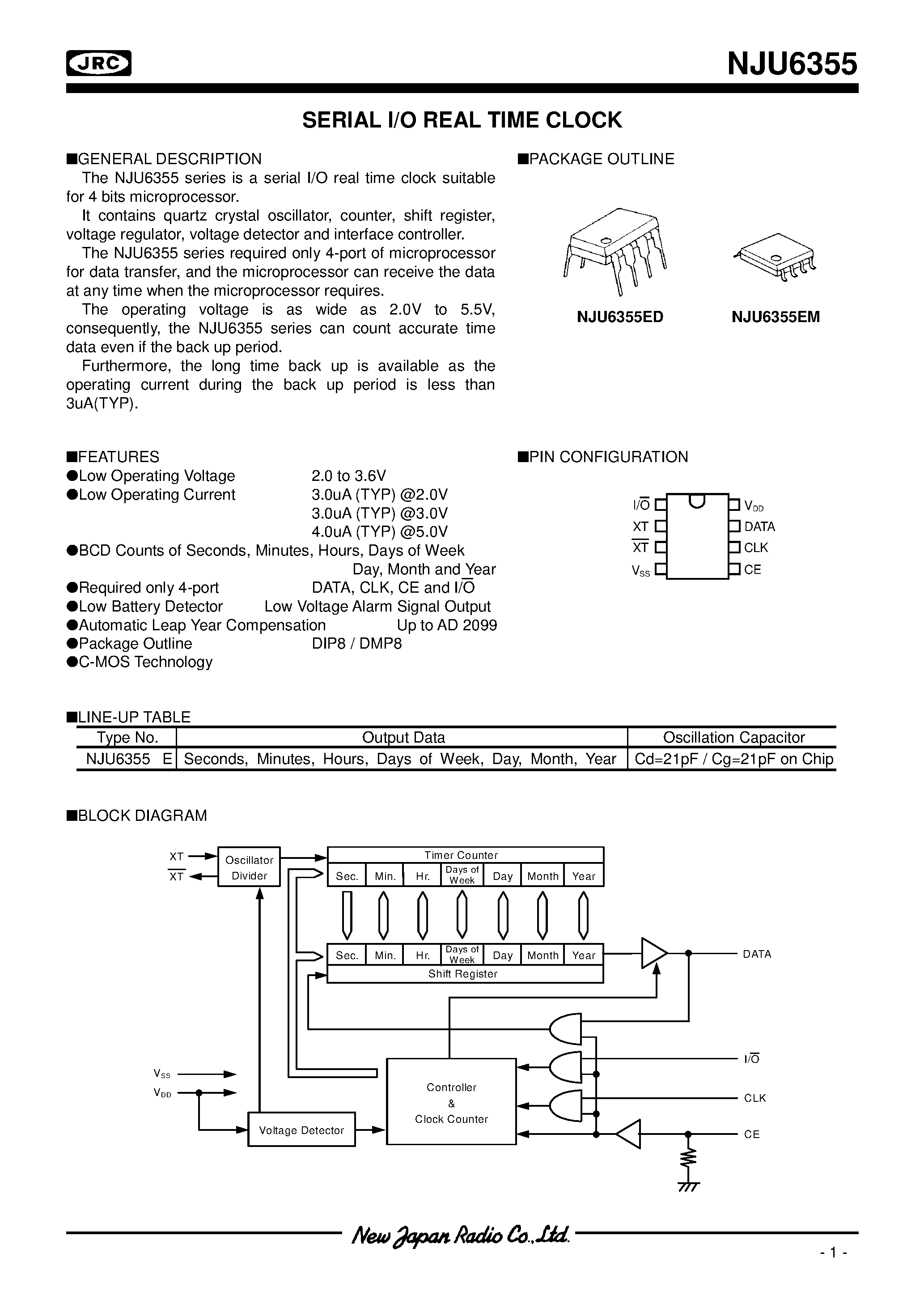 Даташит на микросхему NJU6355 страница 1 Даташит NJU6355 - SERIAL I/O REAL TIME CLOCK страница 1