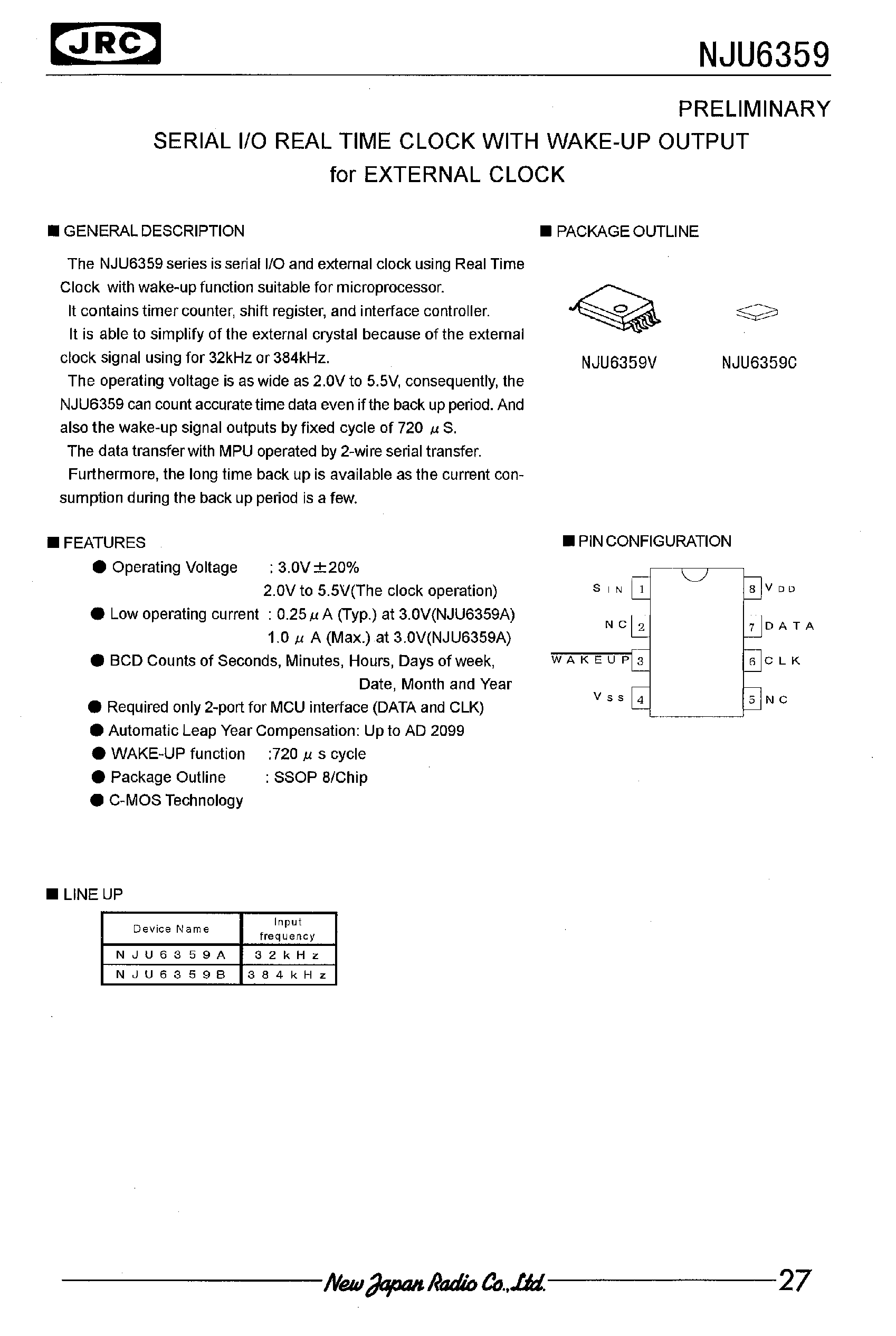 Даташит NJU6359 - SERIAL I/O REAL TIME CLOCK WITH WAKE-UP OUTPUT for EXTERNAL CLOCK страница 1