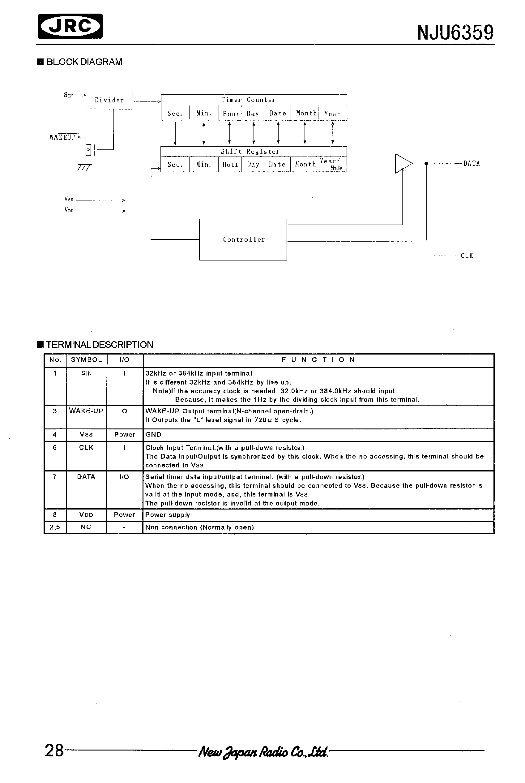 Даташит NJU6359 - SERIAL I/O REAL TIME CLOCK WITH WAKE-UP OUTPUT for EXTERNAL CLOCK страница 2
