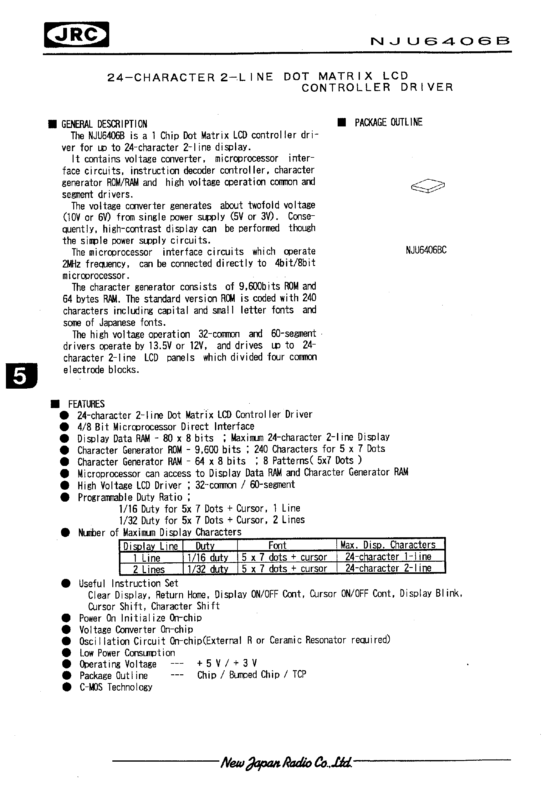Datasheet NJU6406B - 24-CHARACTER 2-LINE DOT MATRIX LCD CONTROLLER DRIVER page 1