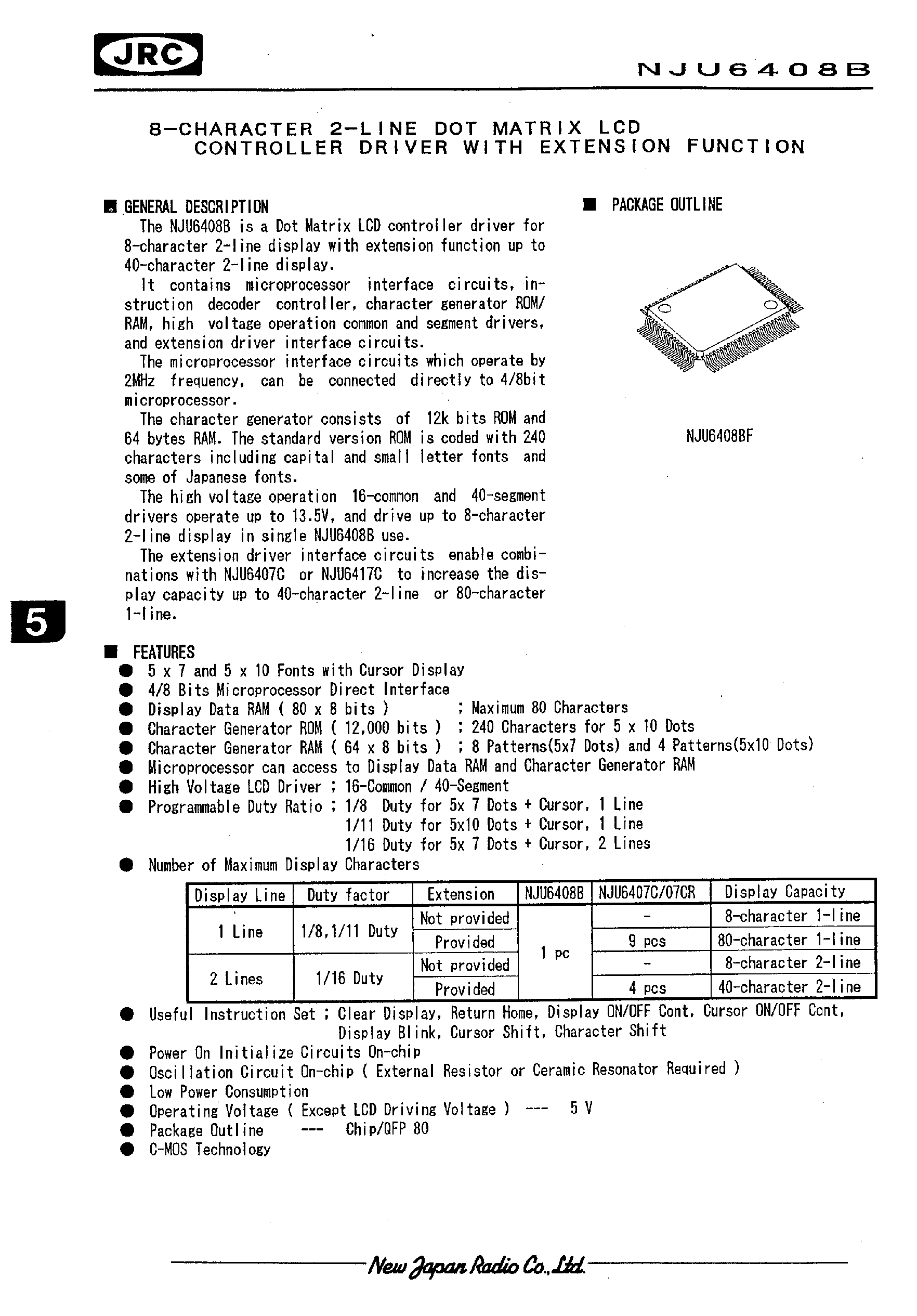 Datasheet NJU6408B - 8-CHARACTER 2-LINE DOT MATRIX LCD CONTROLLER DRIVER WITH EXTENSION FUNCTION page 1