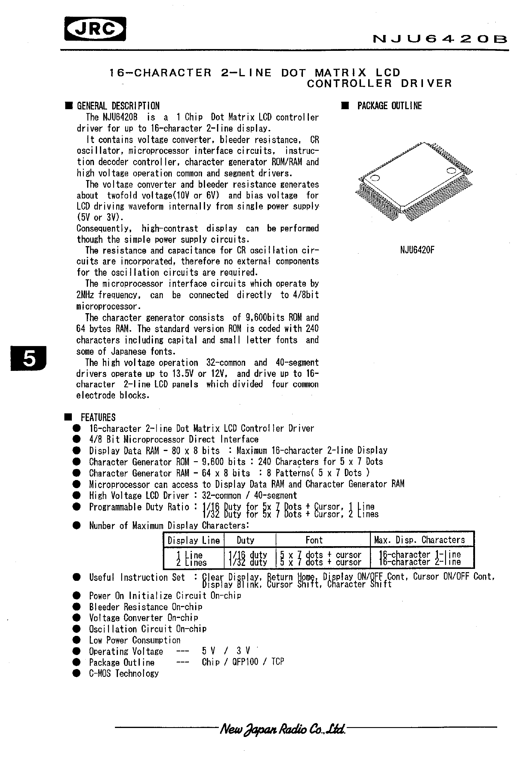 Datasheet NJU6420 - 16-CHARACTER 2-LINE DOT MATRIX LCD CONTROLLER DRIVER page 1