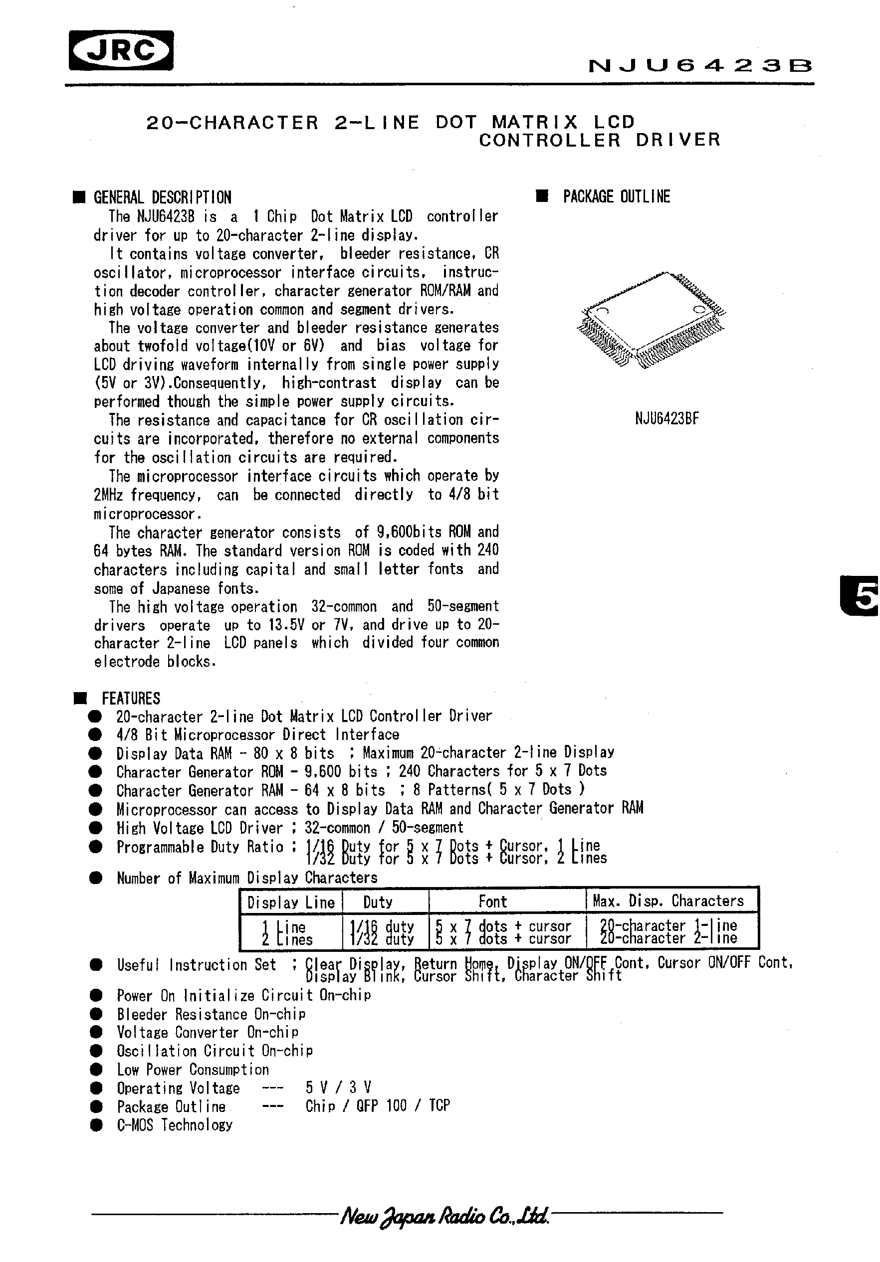 Datasheet NJU6423 - 20-CHARACTER 2-LINE DOT MATRIX LCD CONTROLLER DRIVER page 1