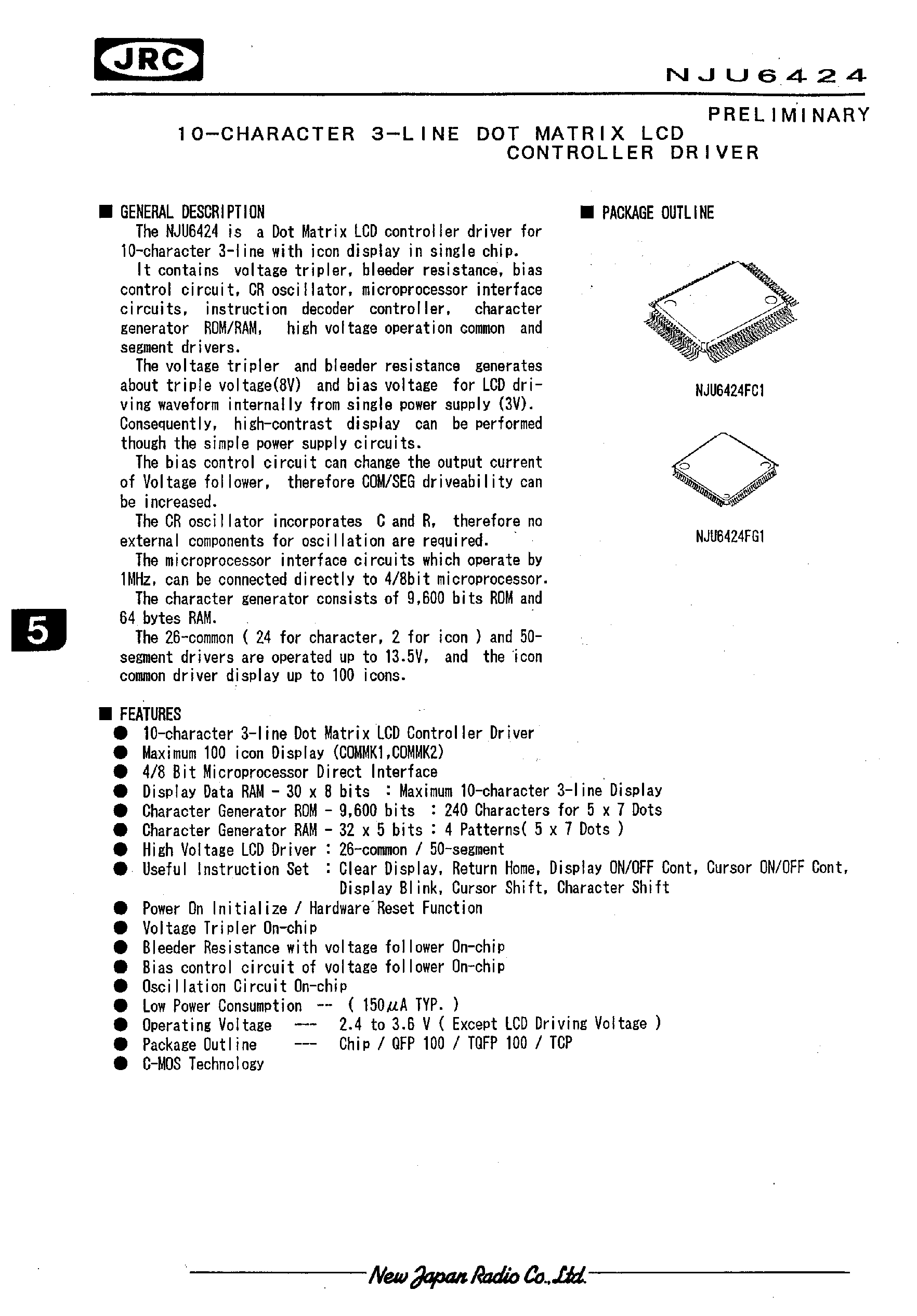 Datasheet NJU6424 page 1 Datasheet NJU6424 - 10-CHARACTER 3-LINE DOT MATRIX LCD CONTROLLER DRIVER page 1