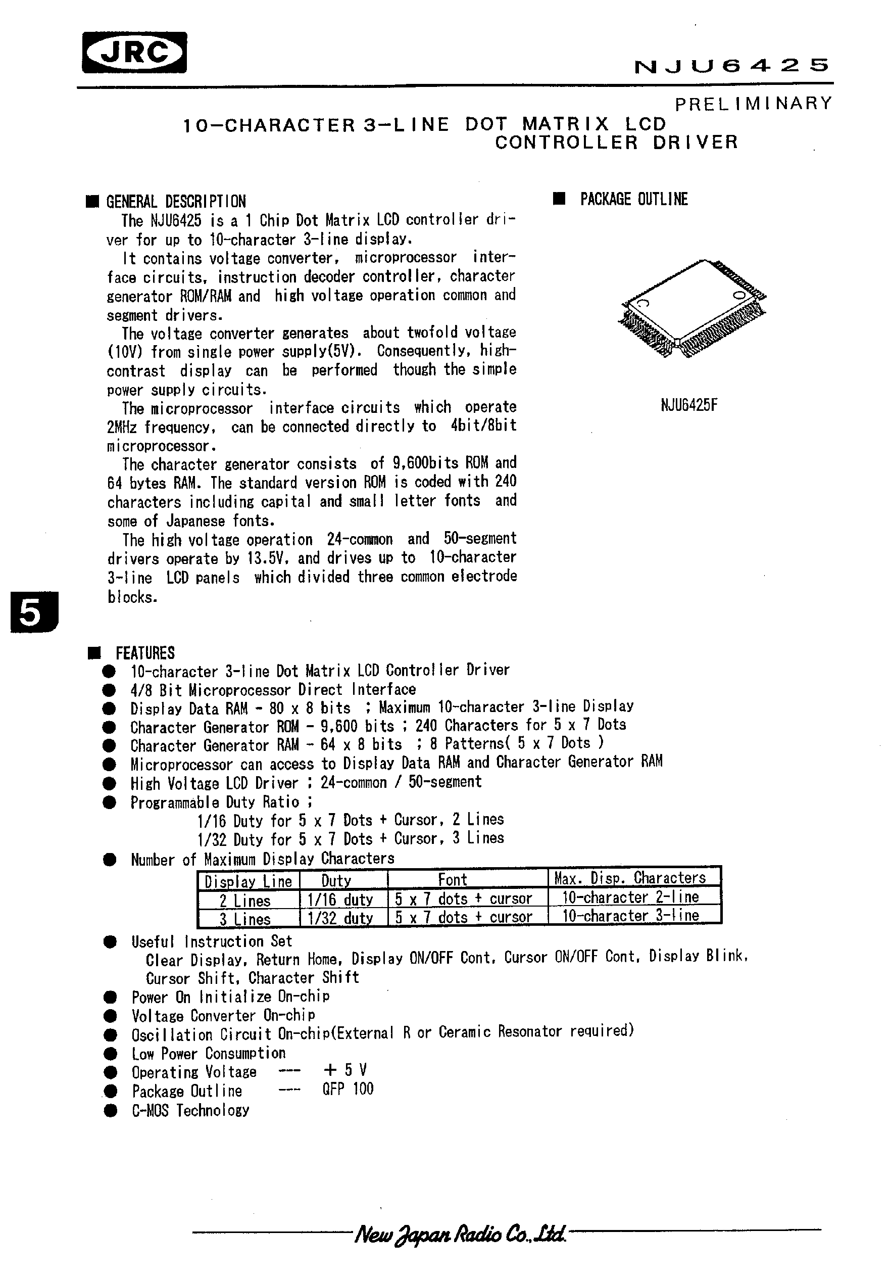 Datasheet NJU6425 - 10-CHARACTER 3-LINE DOT MATRIX LCD CONTROLLER DRIVER page 1