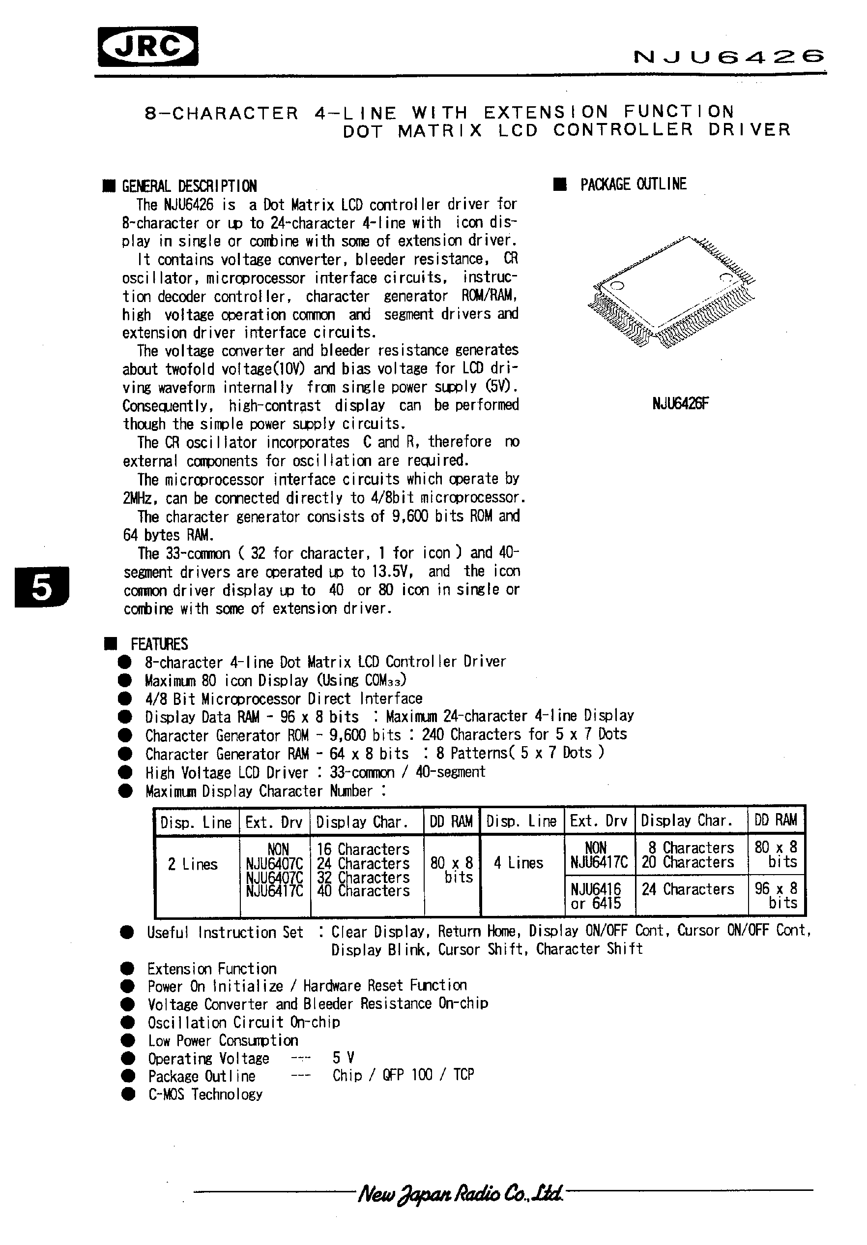 Даташит NJU6426 - 8-CHARACTER 4-LINE WITH EXTENSION FUNCTION DOT MATRIX LCD CONTROLLER DRIVER страница 1