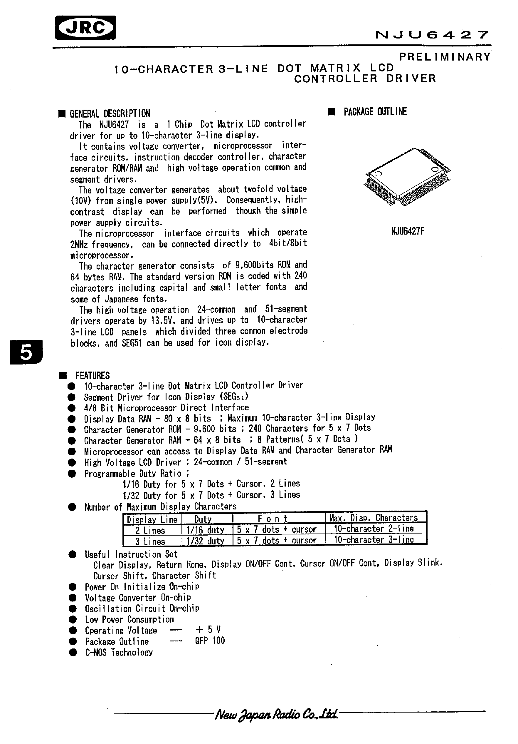 Datasheet NJU6427 page 1 Datasheet NJU6427 - 10-CHARACTER 3-LINE DOT MATRIX LCD CONTROLLER DRIVER page 1