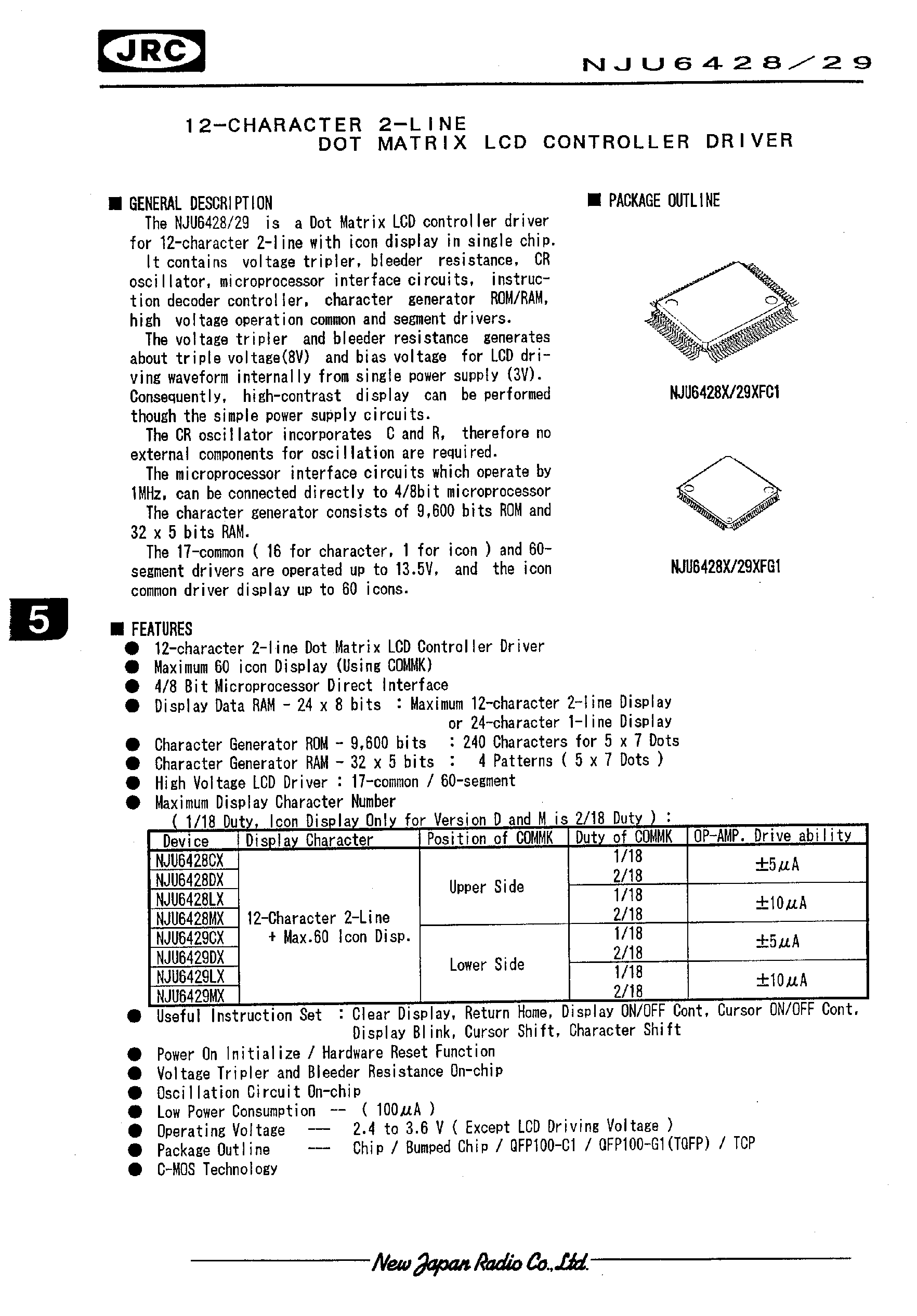 Datasheet NJU6428 - 12-CHARACTER 2-LINE DOT MATRIX LCD CONTROLLER DRIVER page 1
