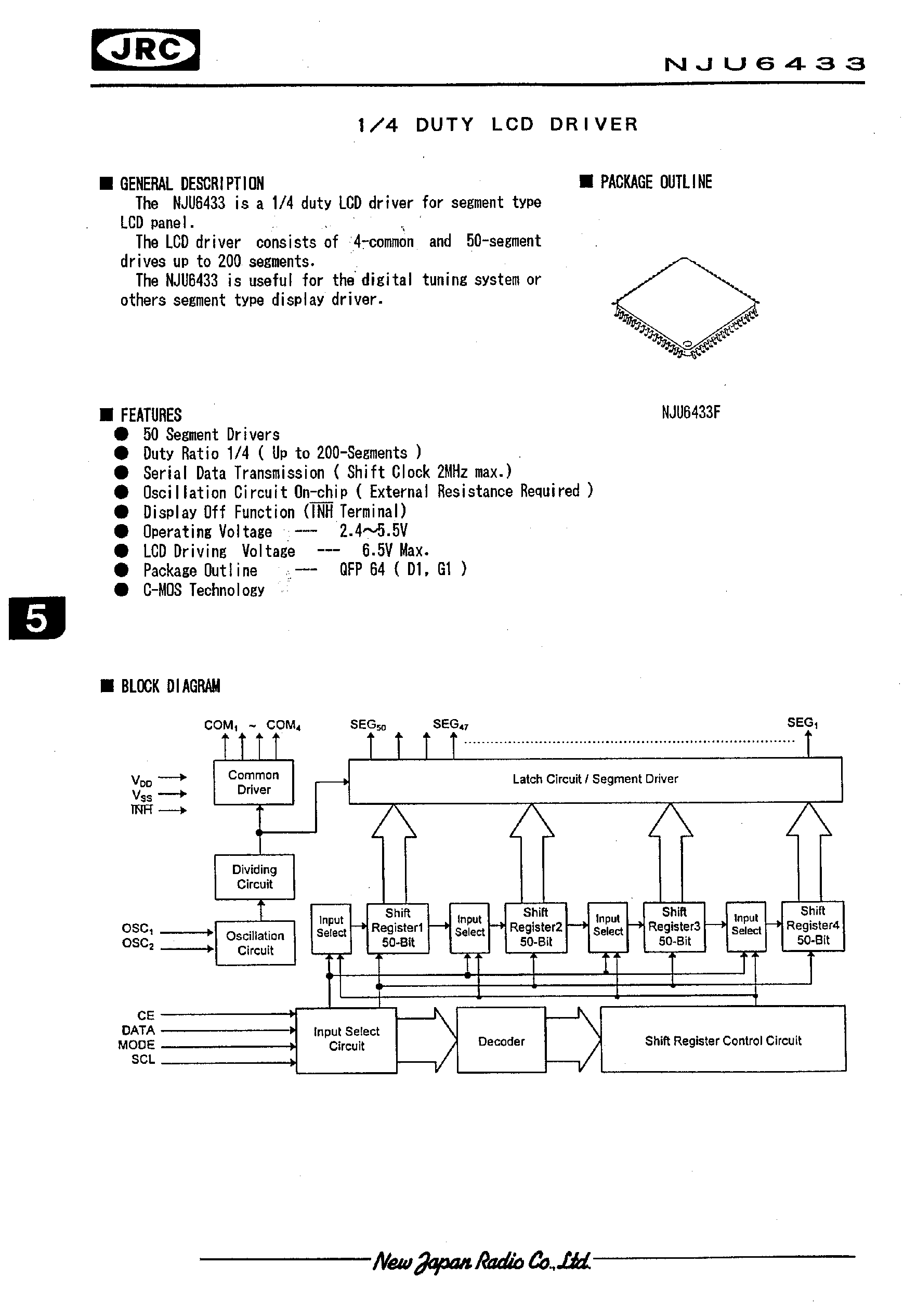 Datasheet NJU6433 - 1/4 DUTY LCD DRIVER page 1