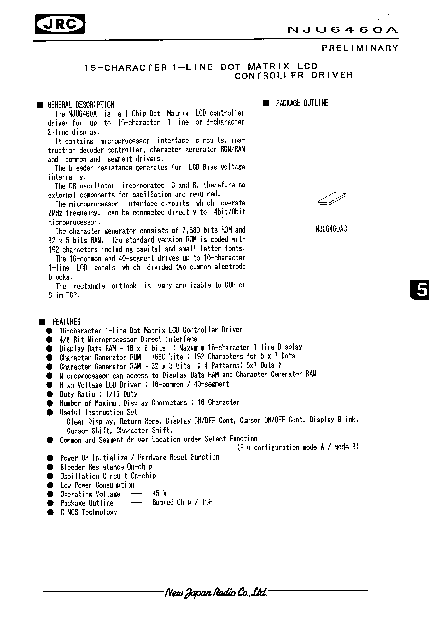 Datasheet NJU6460A - 16-CHARACTER 1-LINE DOT MATRIX LCD CONTROLLER DRIVER page 1