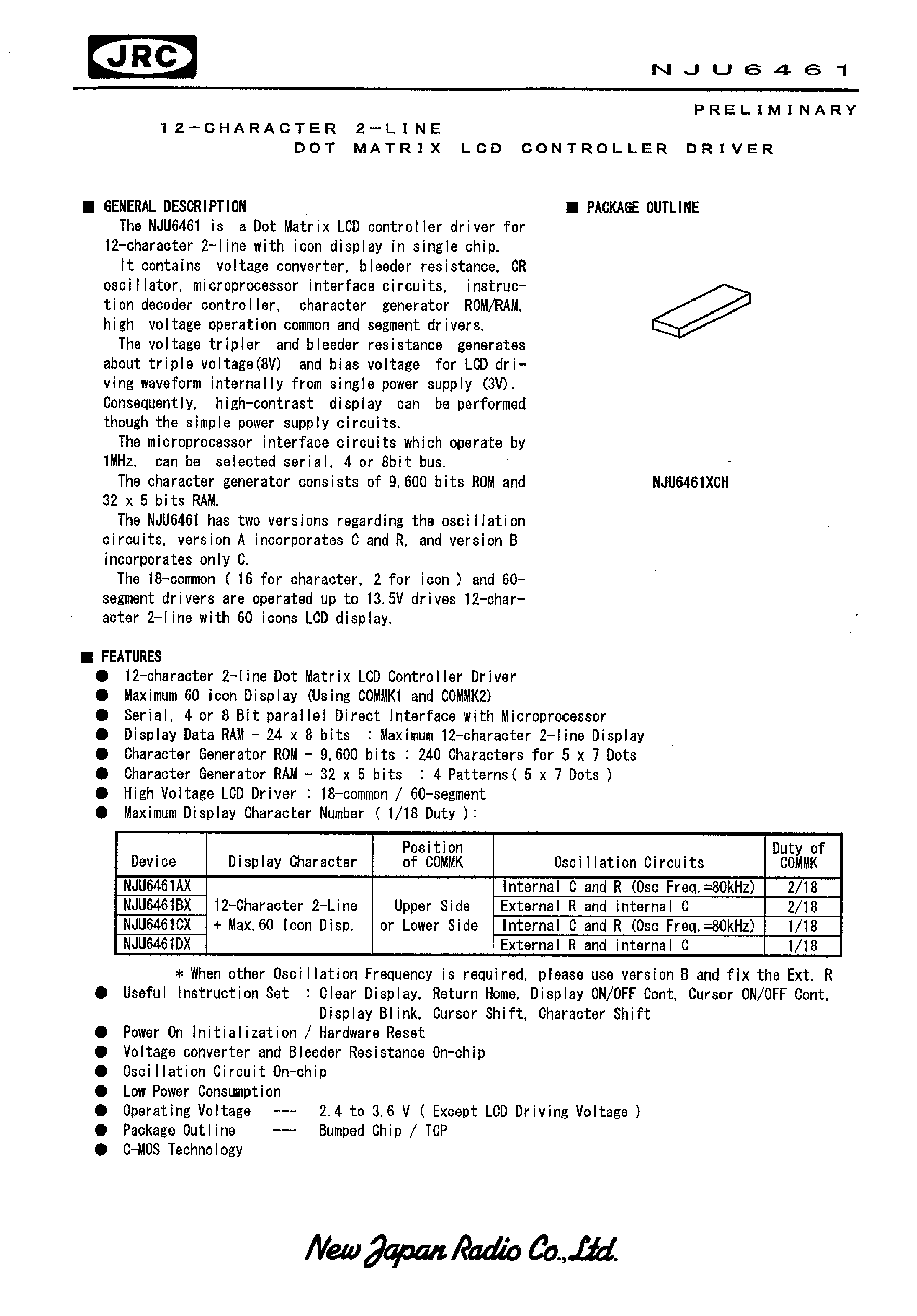 Datasheet NJU6461 - 12-CHARACTER 2-LINE DOT MATRIX LCD CONTROLLER DRIVER page 1