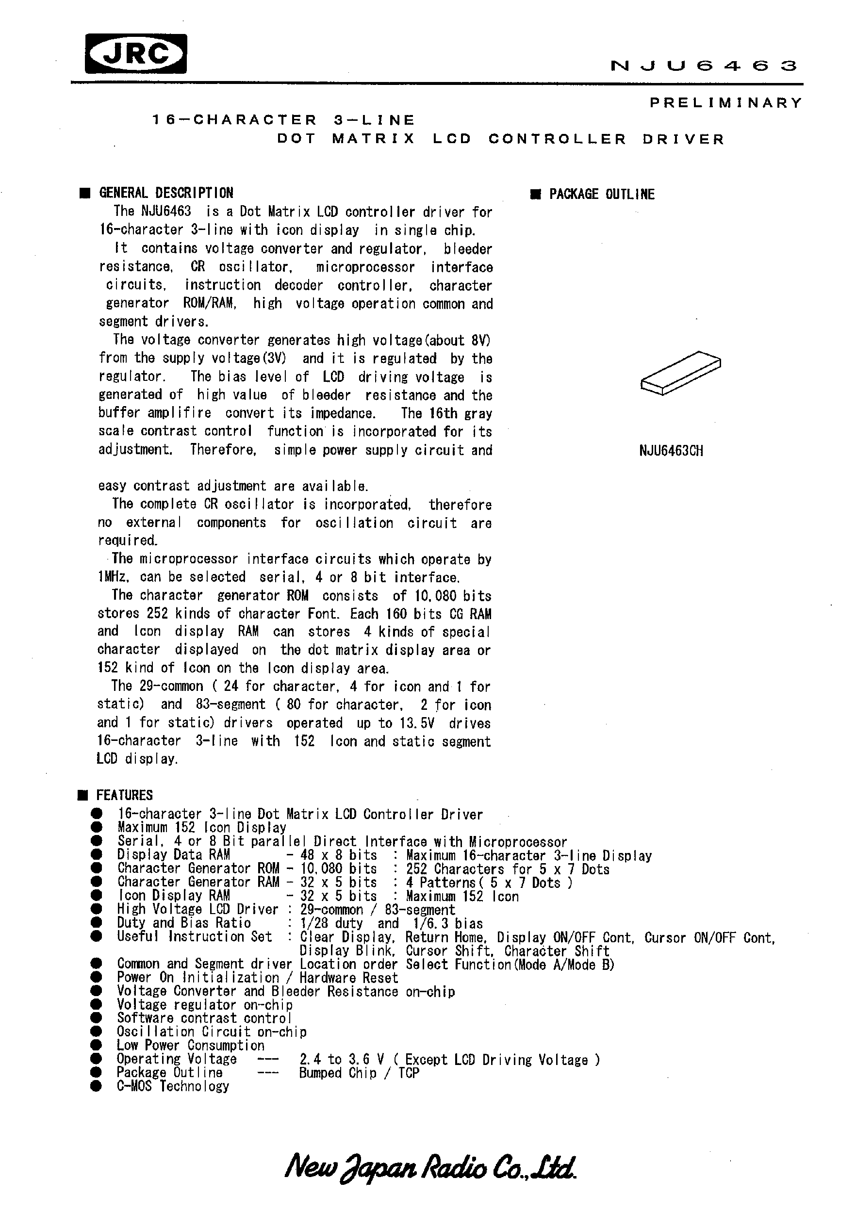 Datasheet NJU6463 page 1 Datasheet NJU6463 - 16-CHARACTER 3-LINE DOT MATRIX LCD CONTROLLER DRIVER page 1