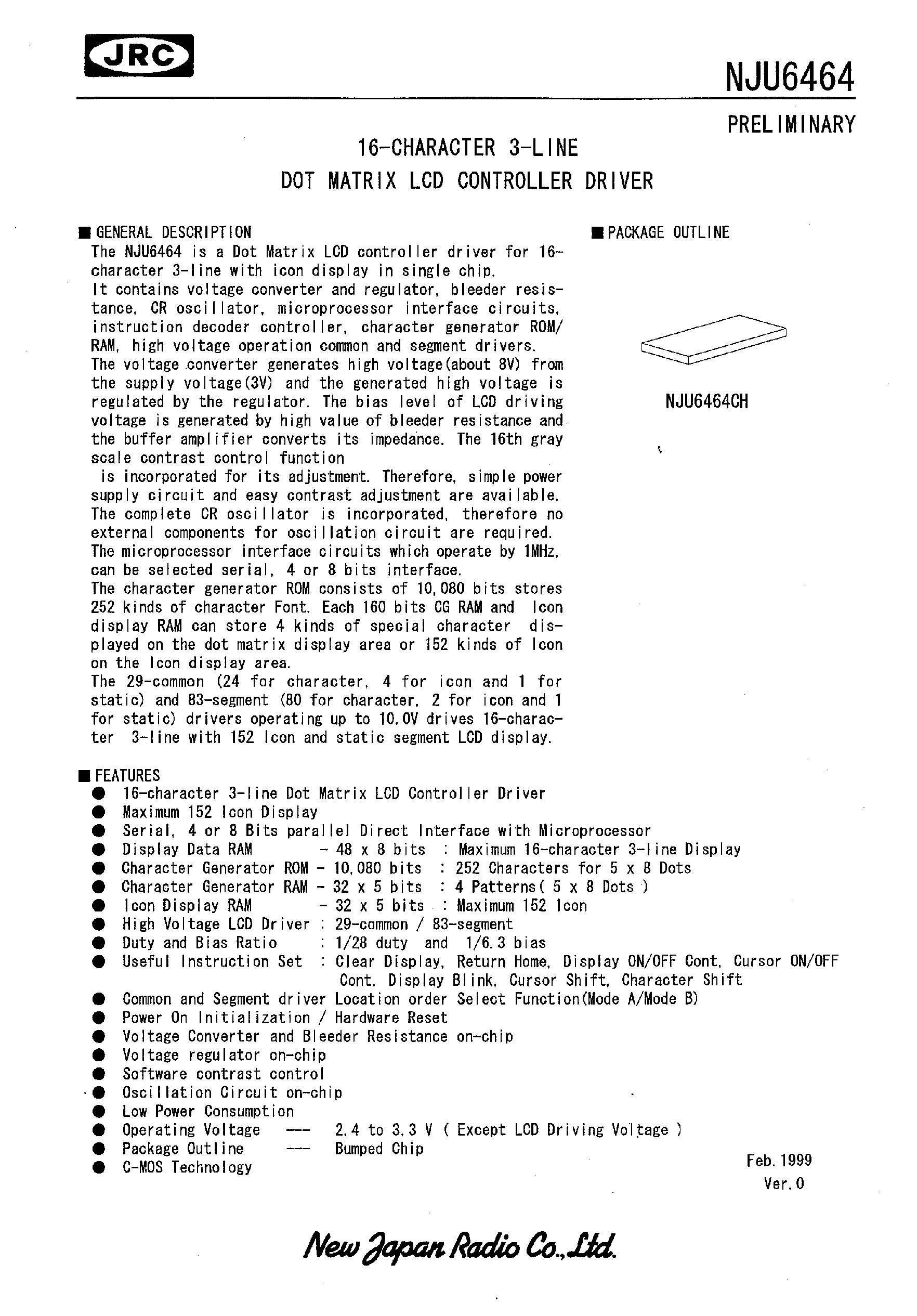 Datasheet NJU6464 page 1 Datasheet NJU6464 - 16-CHARACTER 3-LINE DOT MATRIX LCD CONTROLLER DRIVER page 1