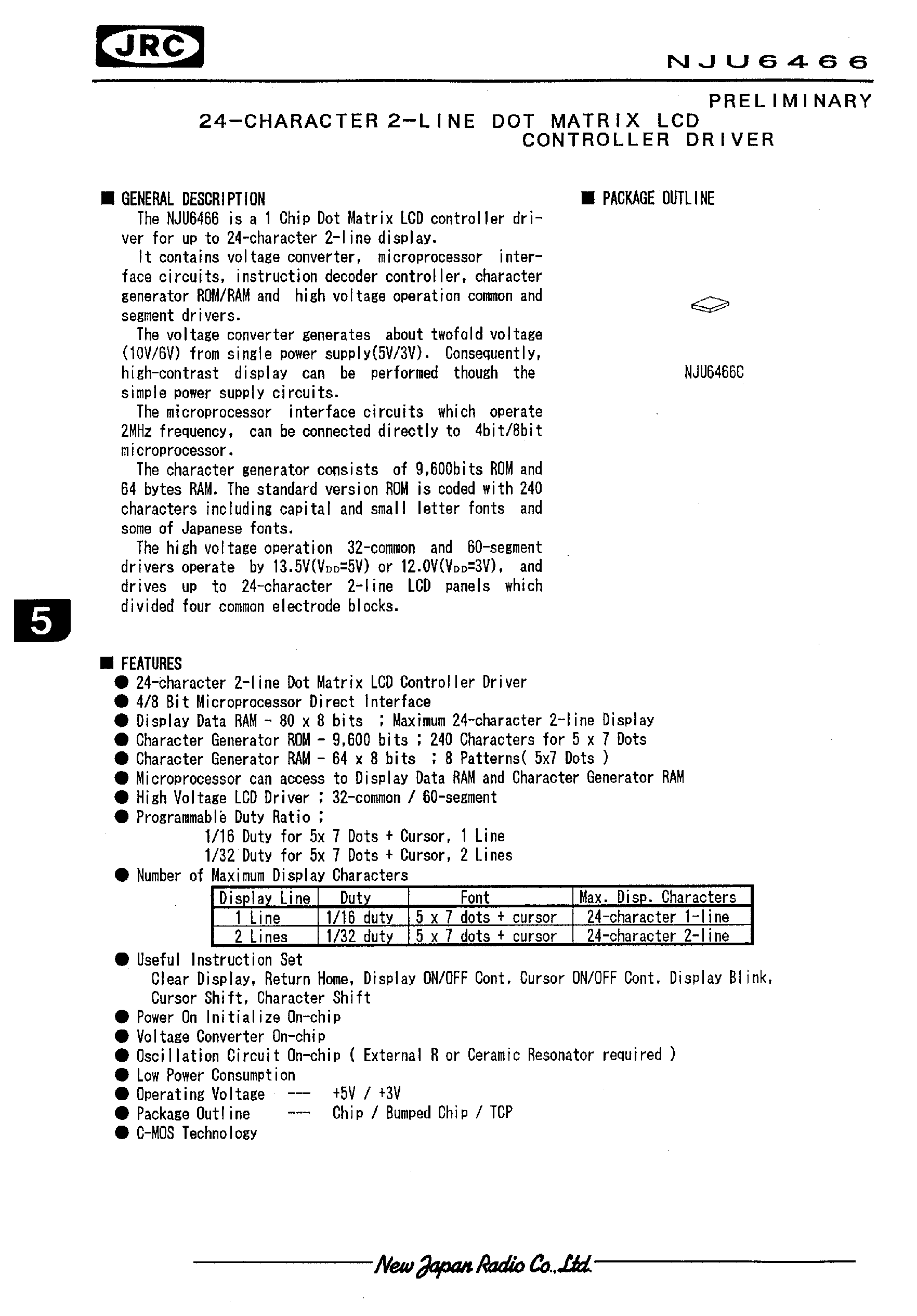 Datasheet NJU6466 - 24-CHARACTER 2-LINE DOT MATRIX LCD CONTROLLER DRIVER page 1