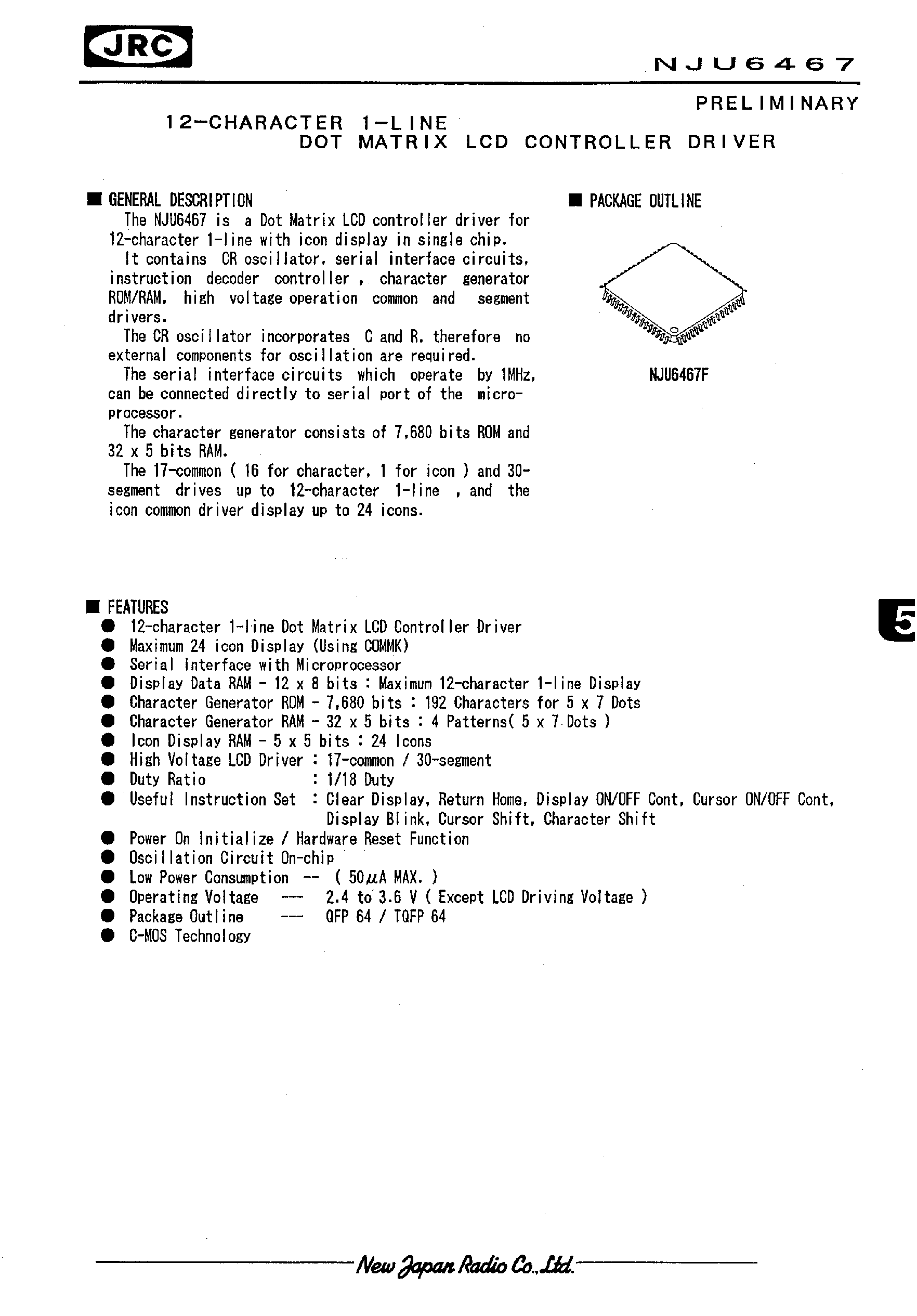 Datasheet NJU6467 - 12-CHARACTER 1-LINE DOT MATRIX LCD CONTROLLER DRIVER page 1