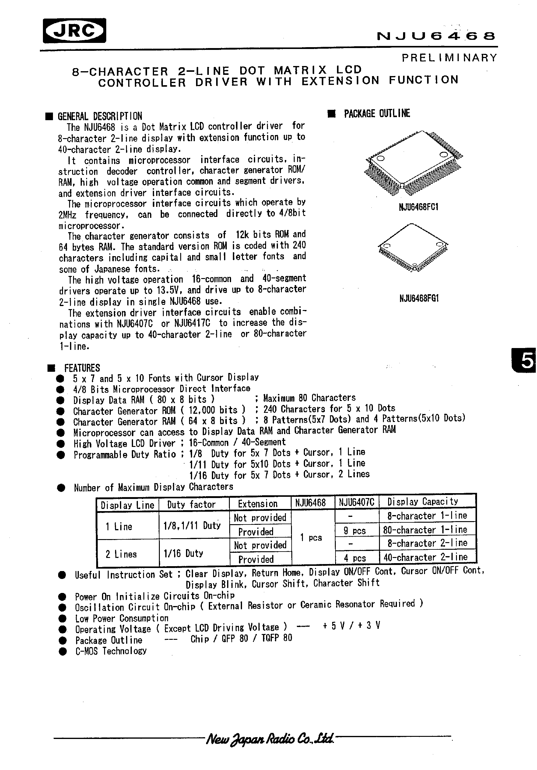 Datasheet NJU6468 - 8-CHARACTER 2-LINE DOT MATRIX LCD CONTROLLER DRIVER WITH EXTENSION FUNCTION page 1