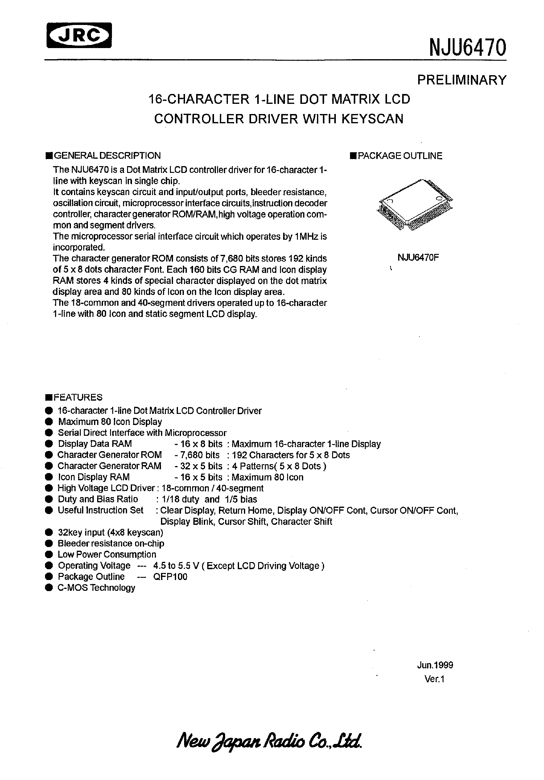 Datasheet NJU6470 - 16-CHARACTER 1-LINE DOT MATRIX LCD CONTROLLER DRIVER WITH KEYSCAN page 1